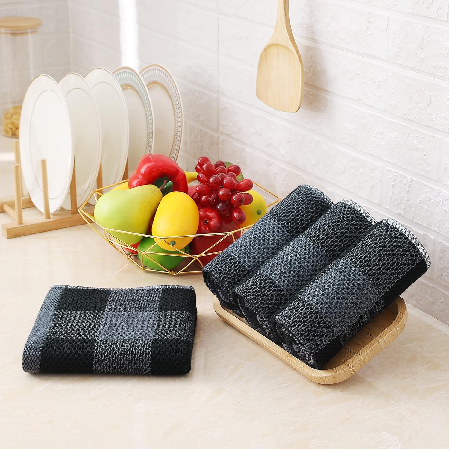 Homaxy 100% Cotton Waffle Weave Check Plaid Kitchen Towels, 13 x 28 Inches, 4-Pack, White & Black and Kitchen Towels and Dishcloths Set, 12 x 12 and 13 x 28 Inches, Black & Grey