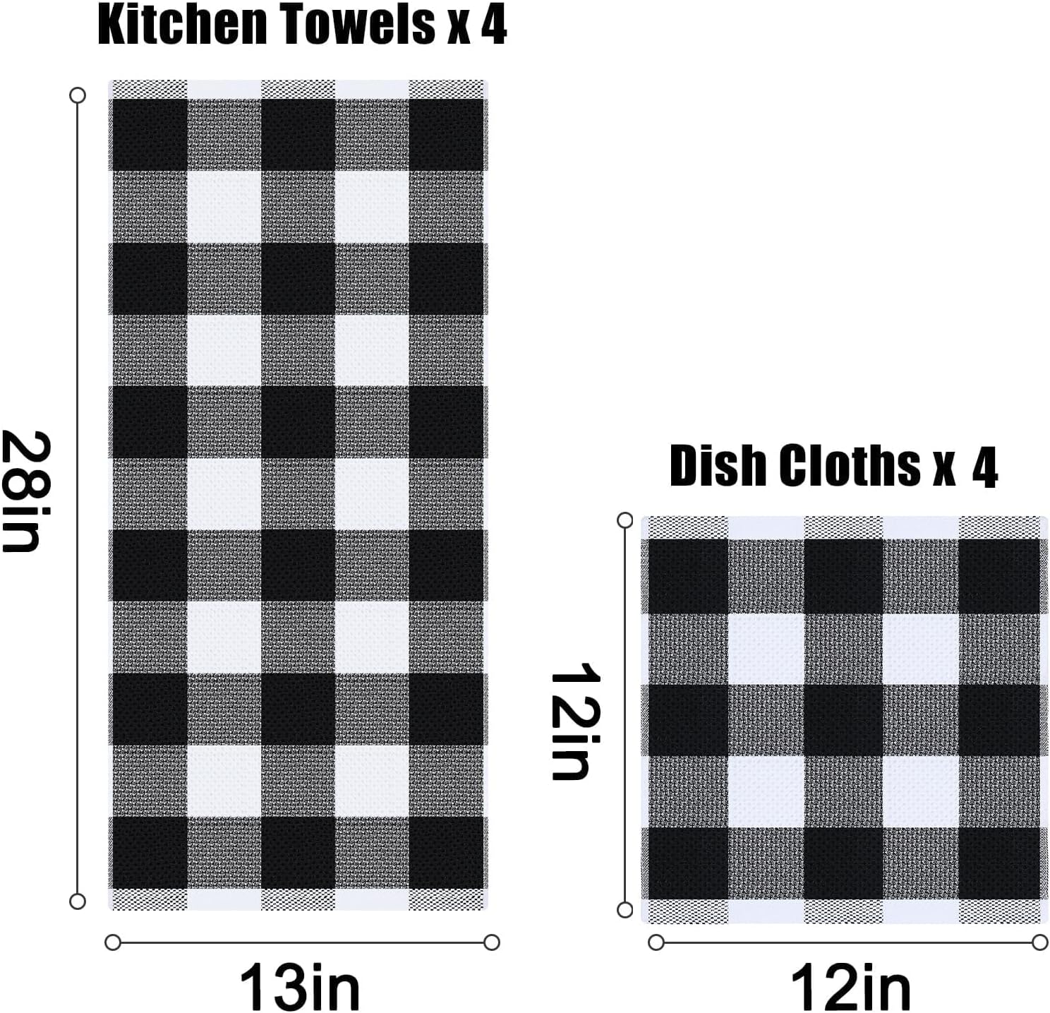 Homaxy 100% Cotton Waffle Weave Check Plaid Kitchen Towels, 13 x 28 Inches, 4-Pack, White & Black and Kitchen Towels and Dishcloths Set, 12 x 12 and 13 x 28 Inches, White & Black