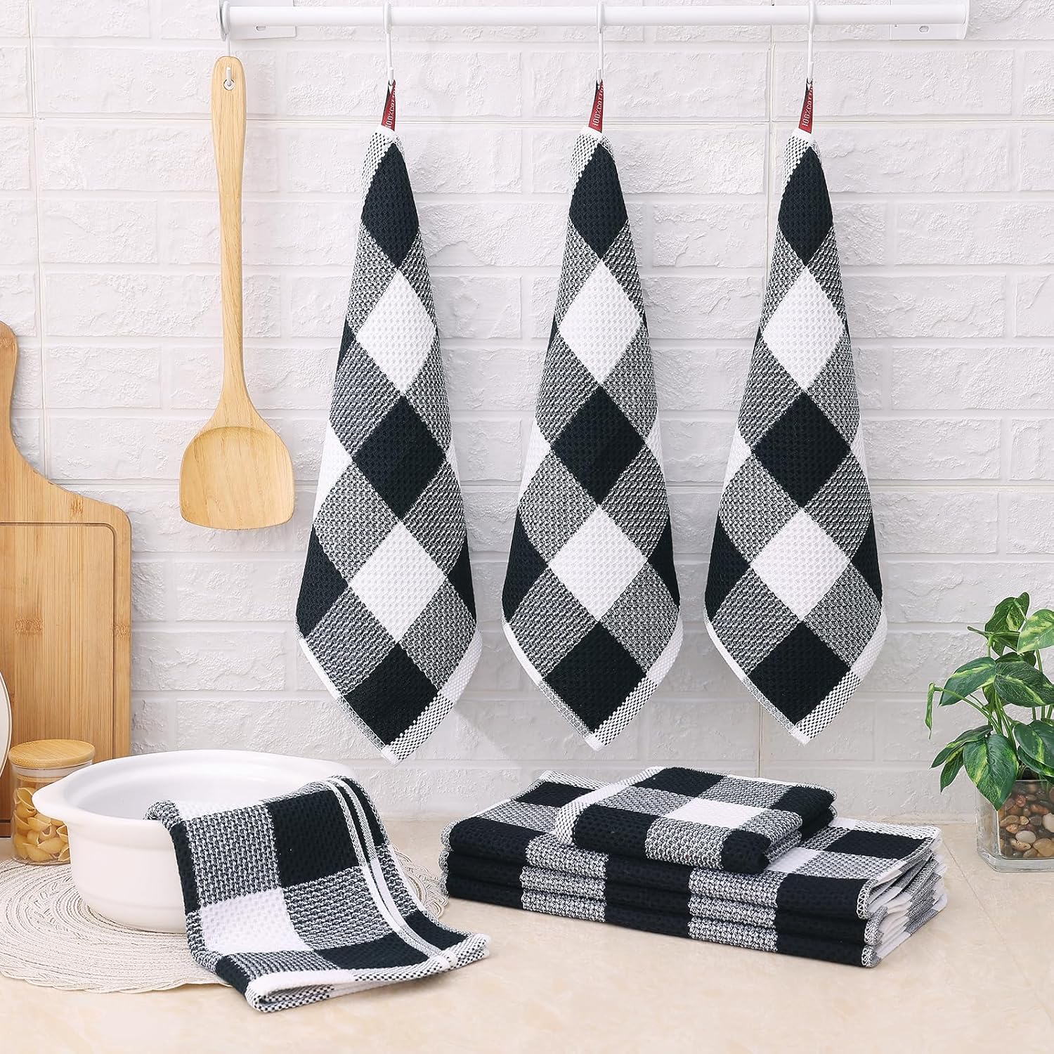 Homaxy 100% Cotton Waffle Weave Check Plaid Kitchen Towels, 13 x 28 Inches, 4-Pack, White & Black and Kitchen Towels and Dishcloths Set, 12 x 12 and 13 x 28 Inches, White & Black
