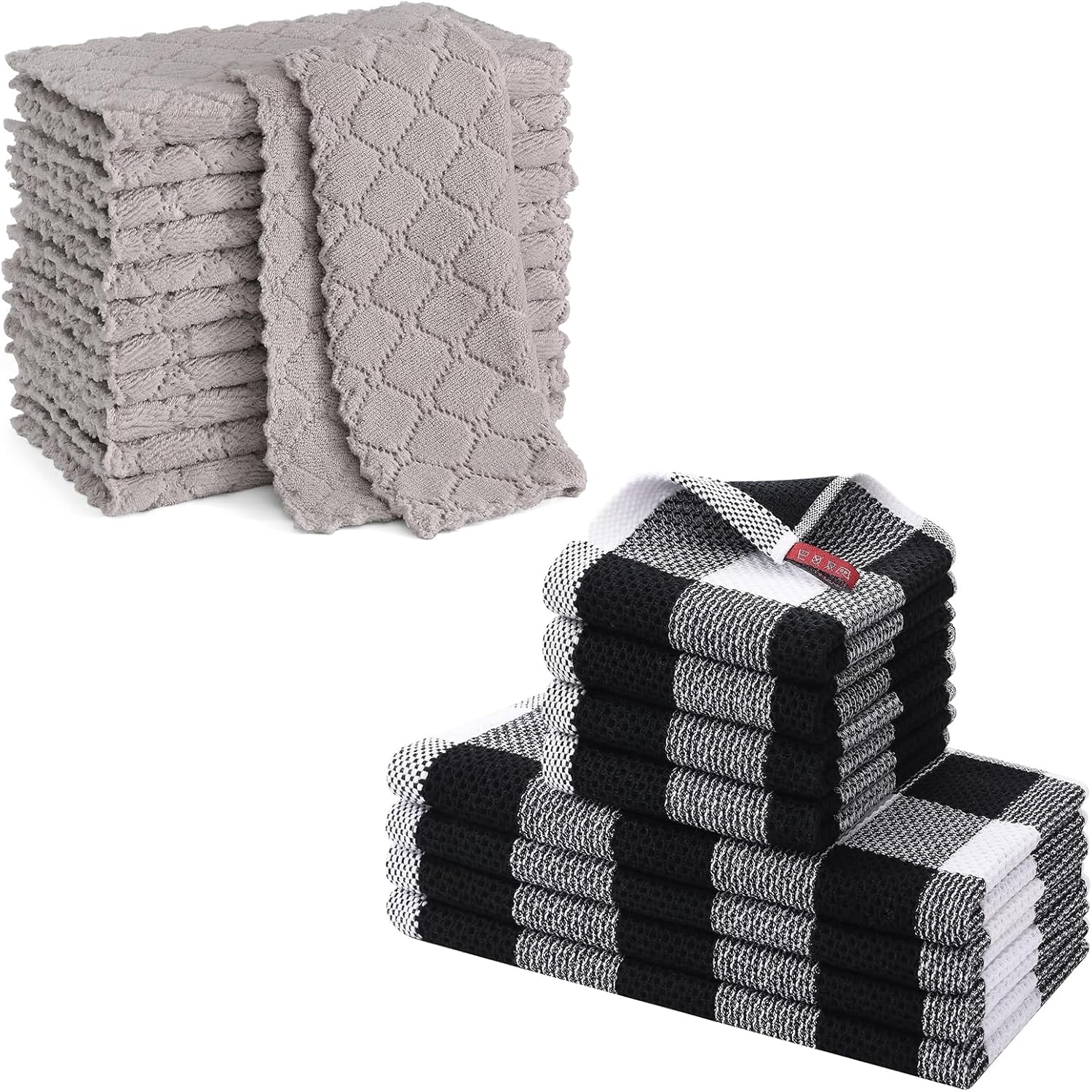 Homaxy 12 Pack Kitchen Dish Cloths 10 x 10 Inches, Grey Kitchen Towels and Dishcloths Set, 12 x 12 and 13 x 28 Inches White & Black