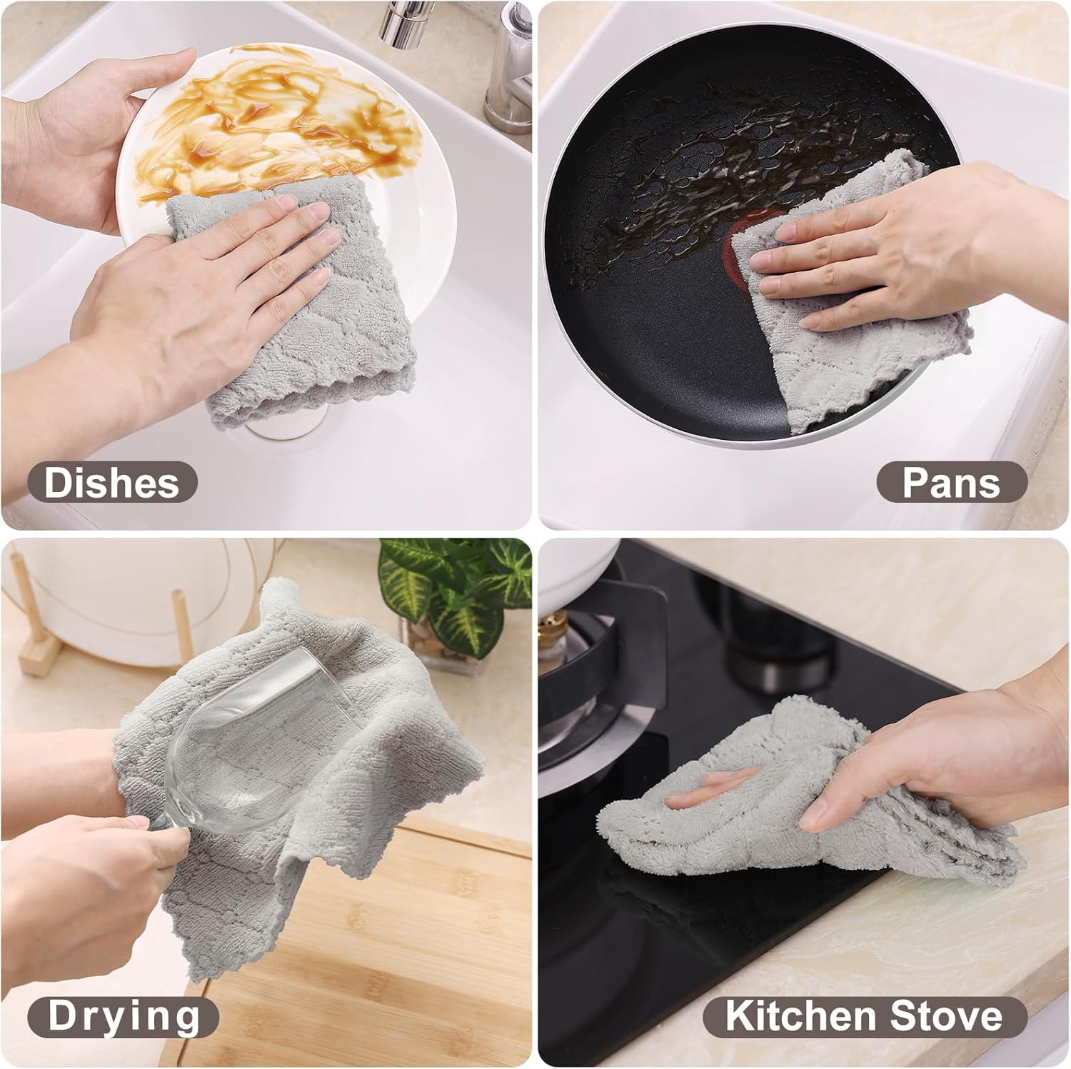 Homaxy 12 Pack Kitchen Dish Cloths 10 x 10 Inches, Grey Kitchen Towels and Dishcloths Set, 12 x 12 and 13 x 28 Inches White & Black