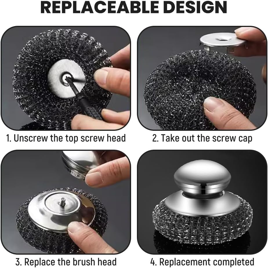 Steel Wool Scrubber with Handle, Upgrade Heavy Duty Stainless Steel Dish Scrubber for Cleaning Dishes, Iron Pots, Stoves, Kitchen Sink 2 pcs