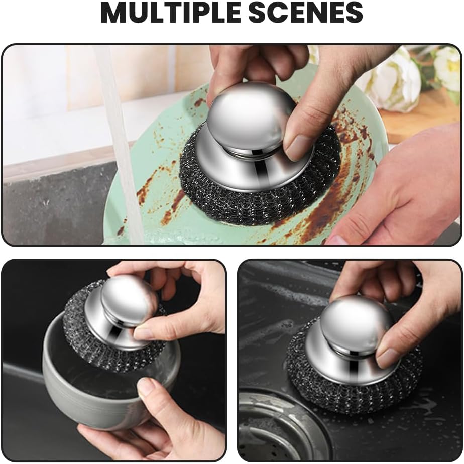 Steel Wool Scrubber with Handle, Upgrade Heavy Duty Stainless Steel Dish Scrubber for Cleaning Dishes, Iron Pots, Stoves, Kitchen Sink 2 pcs