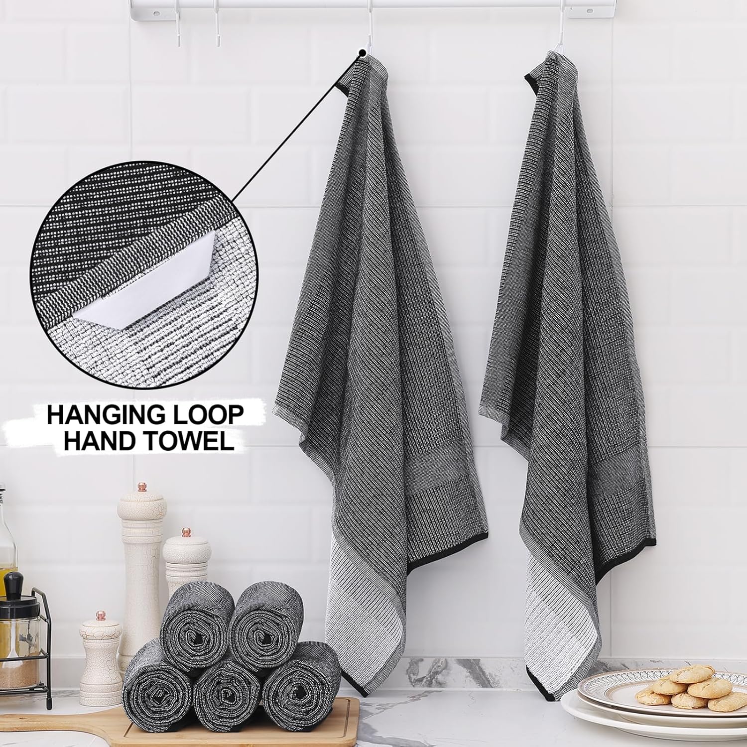 Homaxy 12 Pack Coral Velvet Wave Design Lint Free Kitchen Dish Cloths 10 x 10 inches and Large Cotton Kitchen Hand Towels 18”x 28”, 6 Pack , Flat and Terry Dish Towels