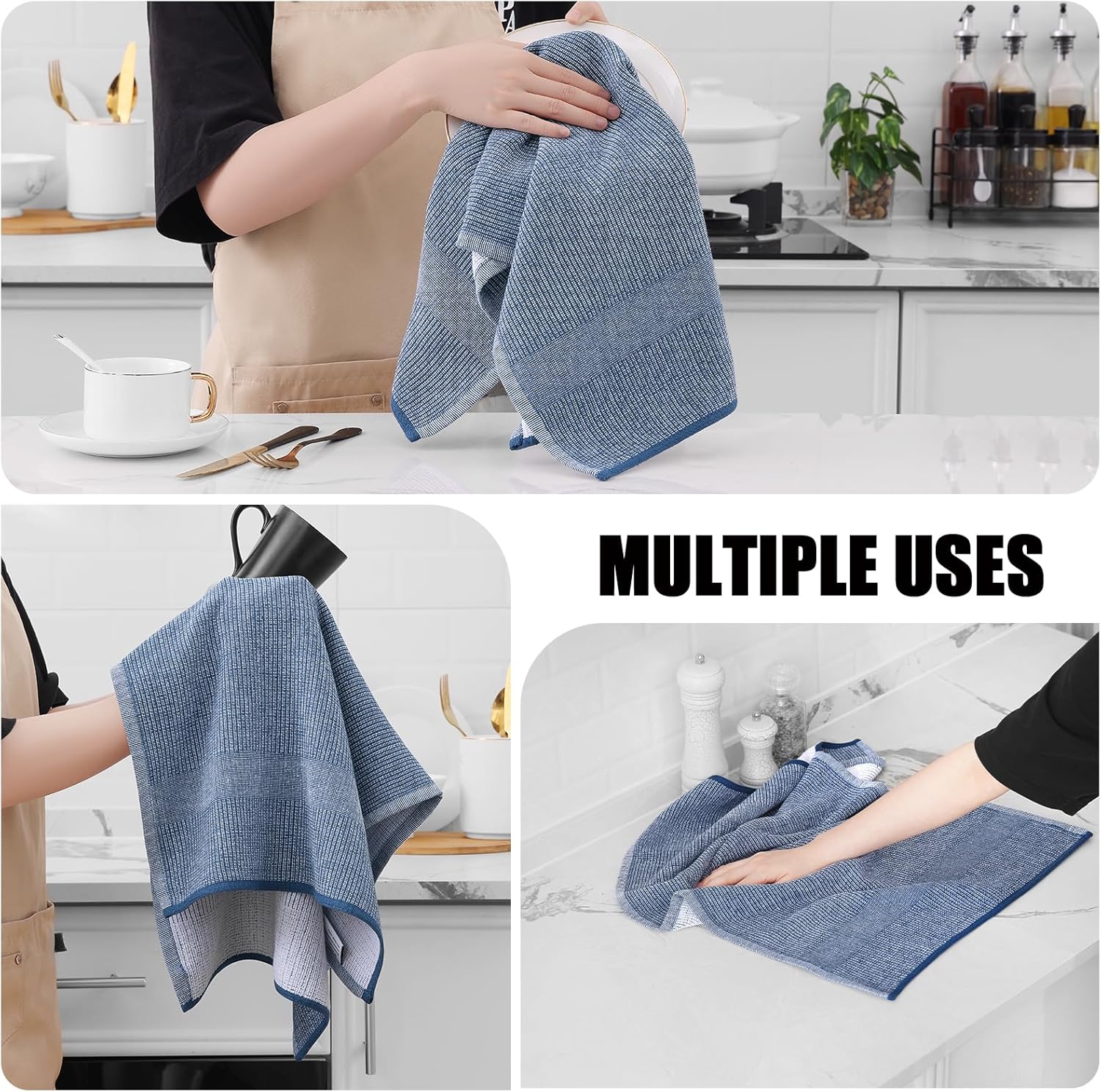 Homaxy Set of 8 Bulk Cotton Terry Kitchen Towels Set, 12 x 12 and 13 x 28 Inches, Checkered Designed and Large Cotton Kitchen Hand Towels 18”x 28”, 6 Pack , Flat and Terry Dish Towels