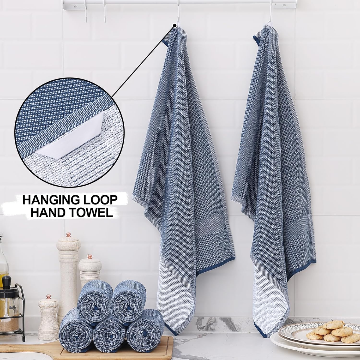 Homaxy Set of 8 Bulk Cotton Terry Kitchen Towels Set, 12 x 12 and 13 x 28 Inches, Checkered Designed and Large Cotton Kitchen Hand Towels 18”x 28”, 6 Pack , Flat and Terry Dish Towels