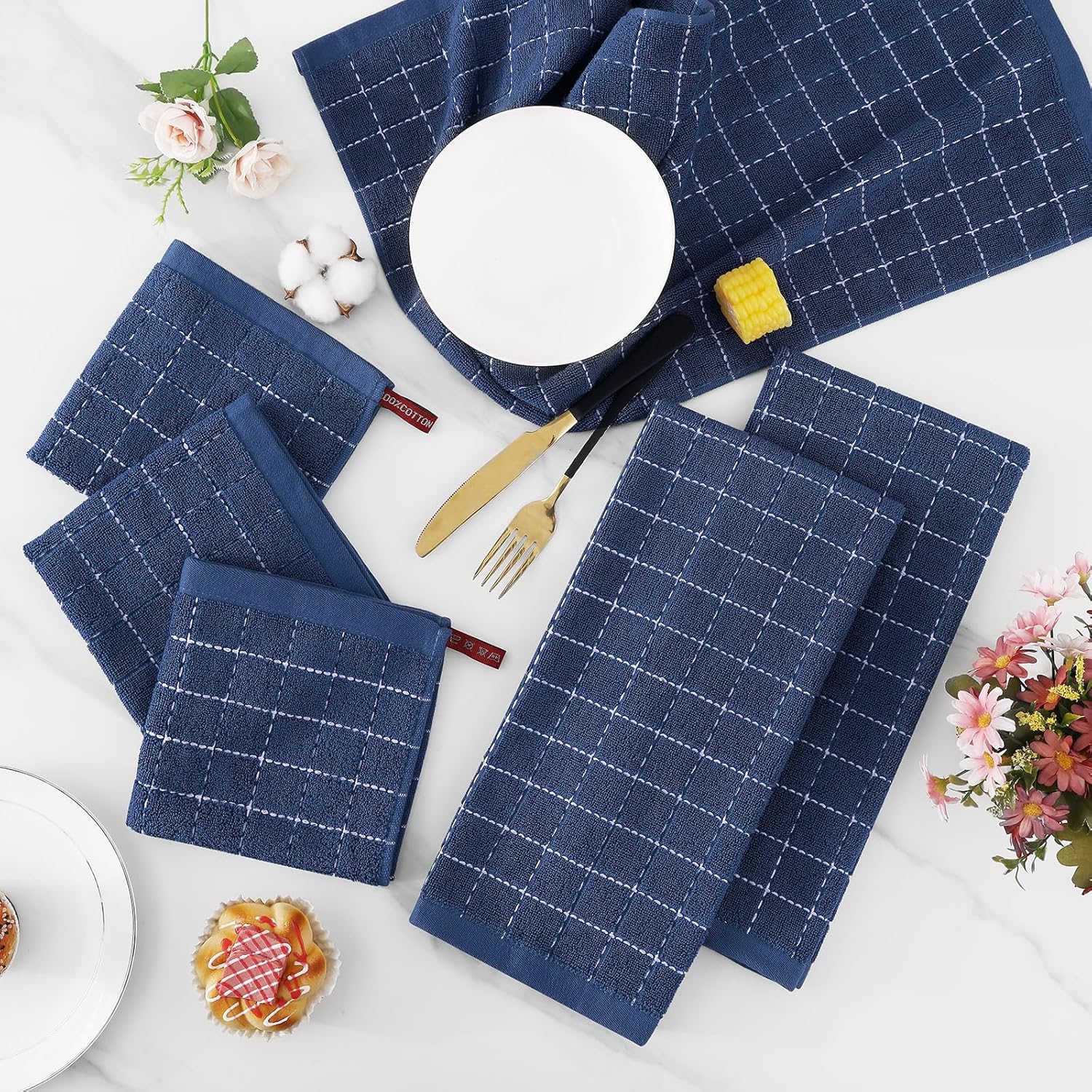 Homaxy Set of 8 Bulk Cotton Terry Kitchen Towels Set, 12 x 12 and 13 x 28 Inches, Checkered Designed and Large Cotton Kitchen Hand Towels 18”x 28”, 6 Pack , Flat and Terry Dish Towels