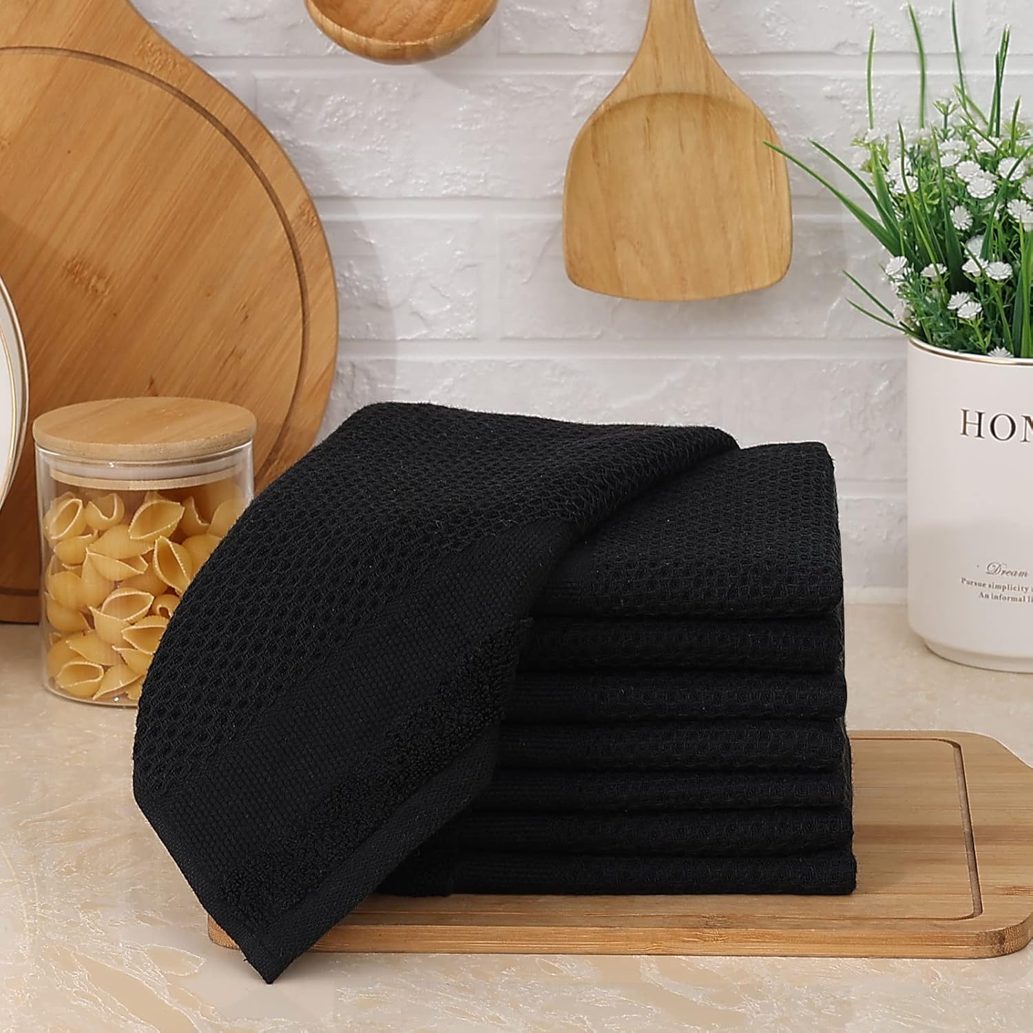 Homaxy 100% Cotton Dish Cloths, 8 Pack - 12 x 12 Inches, Black and Flat and Terry Dish Towels 18”x 28”, 6 Pack , Large Cotton Kitchen Hand Towels