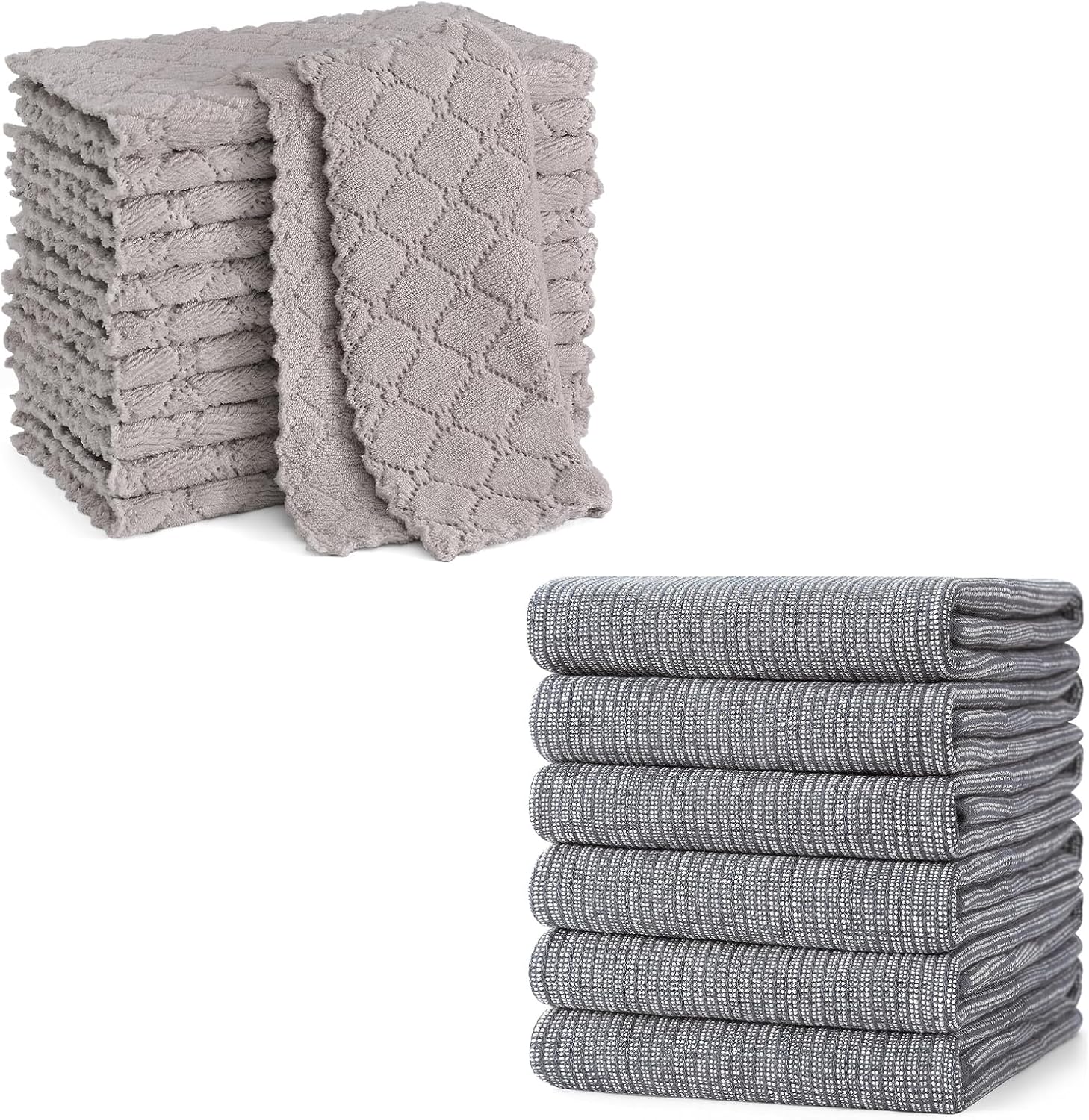 Homaxy 12 Pack Kitchen Dish Cloths 10 x 10 Inches, Grey and Large Cotton Kitchen Hand Towels 18”x 28”, 6 Pack , Flat and Terry Dish Towels