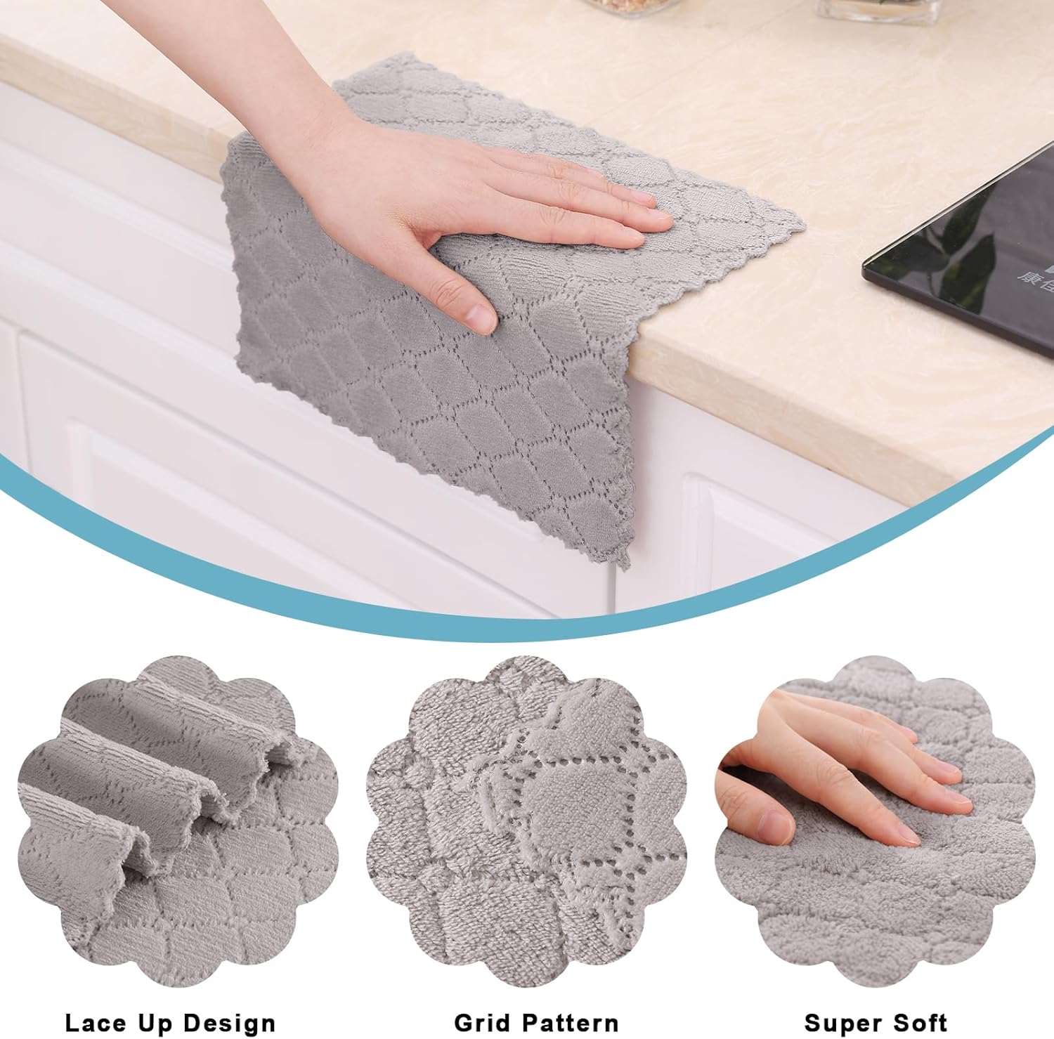 Homaxy 12 Pack Kitchen Dish Cloths 10 x 10 Inches, Grey and Large Cotton Kitchen Hand Towels 18”x 28”, 6 Pack , Flat and Terry Dish Towels