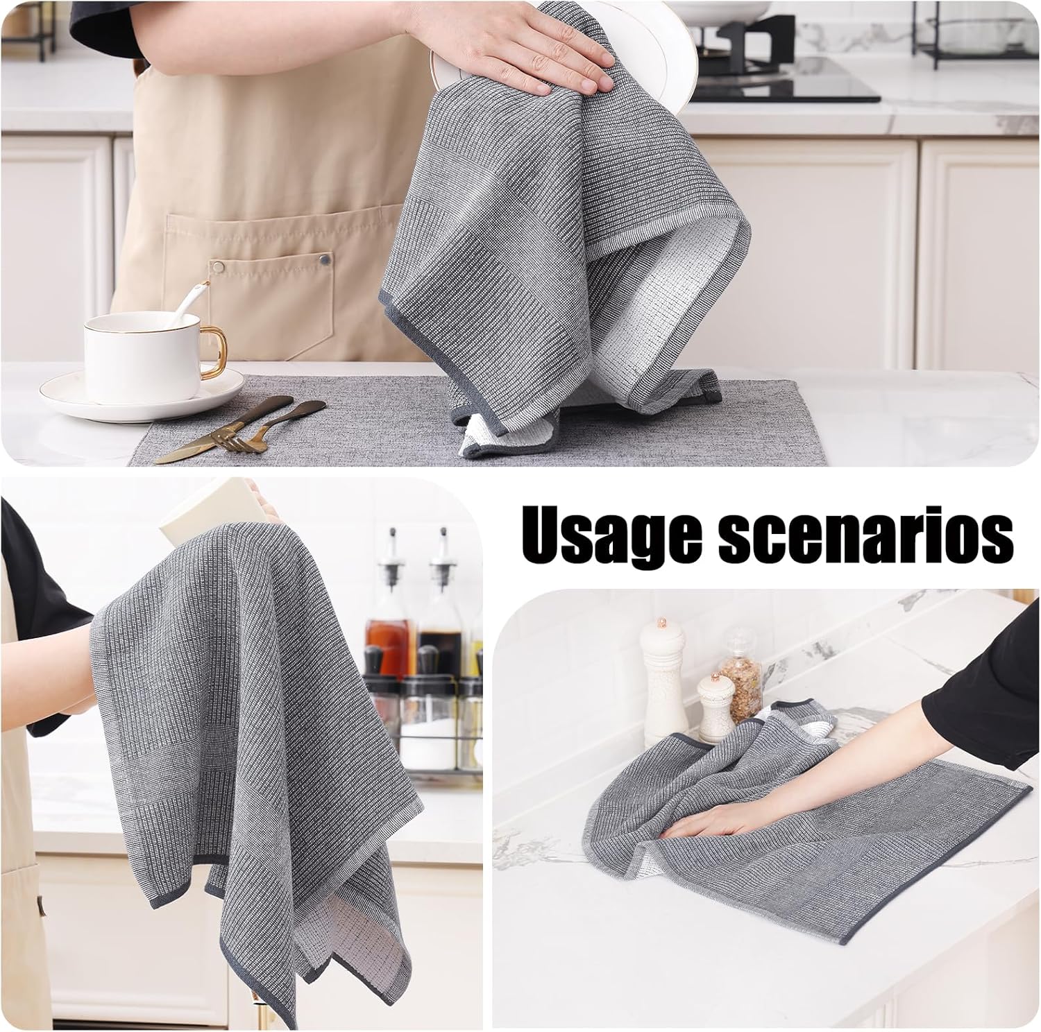 Homaxy Kitchen Towels Set, 18 x 28 Inches and 13 x 28 inches, Set of 10 Bulk Cotton Kitchen Towels Set, Ultra Soft Absorbent Dish Towels for Washing Dishes, Grey & Black