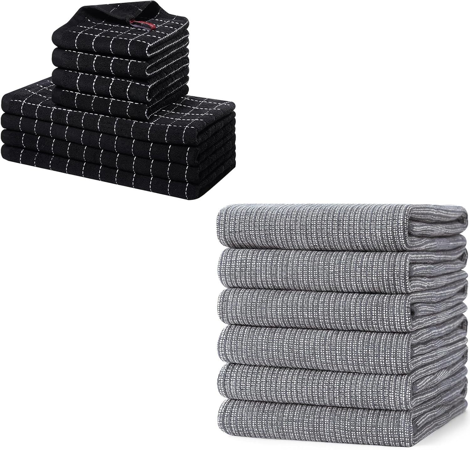 Homaxy Set of 8 Bulk Cotton Terry Kitchen Towels Set, 12 x 12 and 13 x 28 Inches, Checkered Designed and Large Cotton Kitchen Hand Towels 18”x 28”, 6 Pack , Flat and Terry Dish Towels