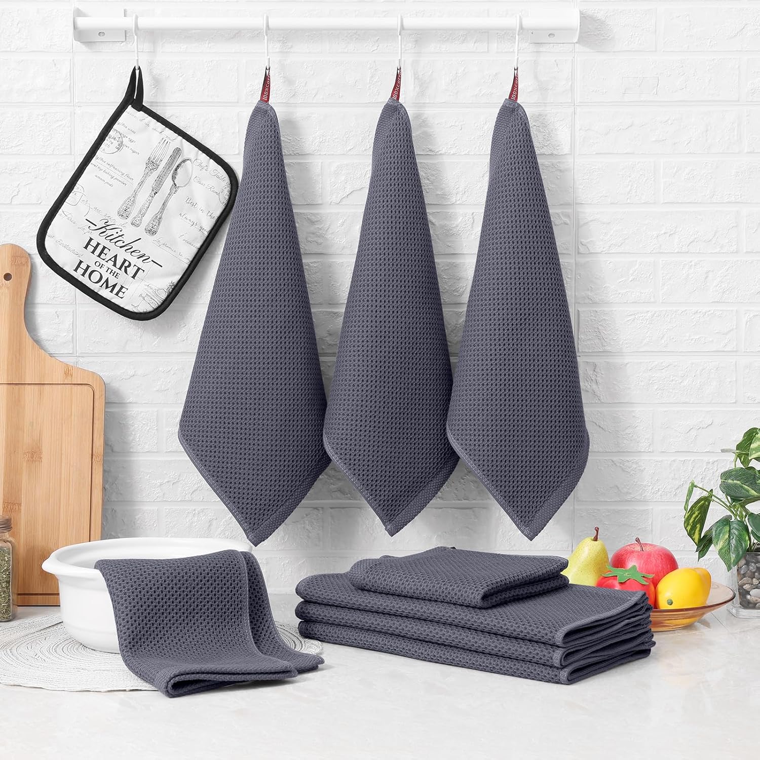 Homaxy Set of 8 Bulk Kitchen Towels Set, 12 x 12 Inches and 13 x 28 Inches, and Large Cotton Kitchen Hand Towels 18”x 28”, 6 Pack , Flat and Terry Dish Towels