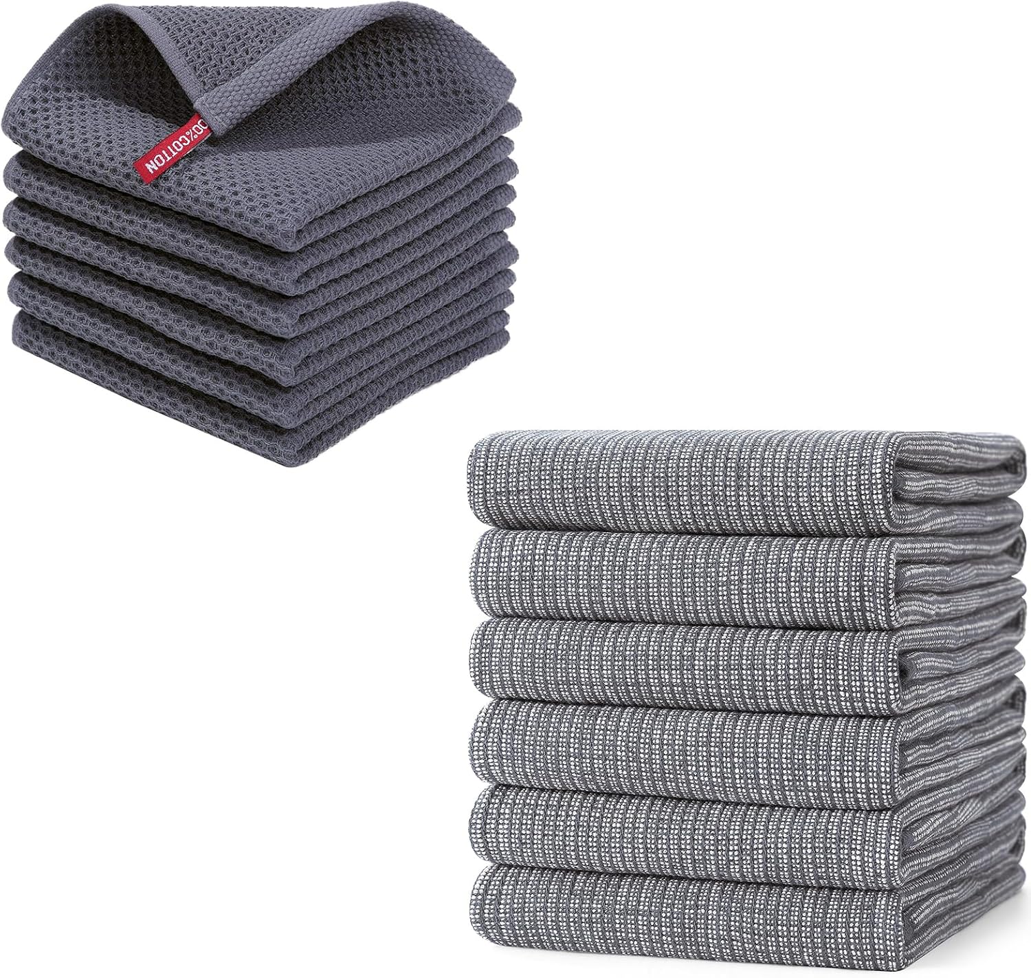 Homaxy 6-Pack Waffle Weave Kitchen Dish Cloths 12x12 Inches and Flat and Terry Dish Towels 18”x 28”, 6 Pack , Large Cotton Kitchen Hand Towels