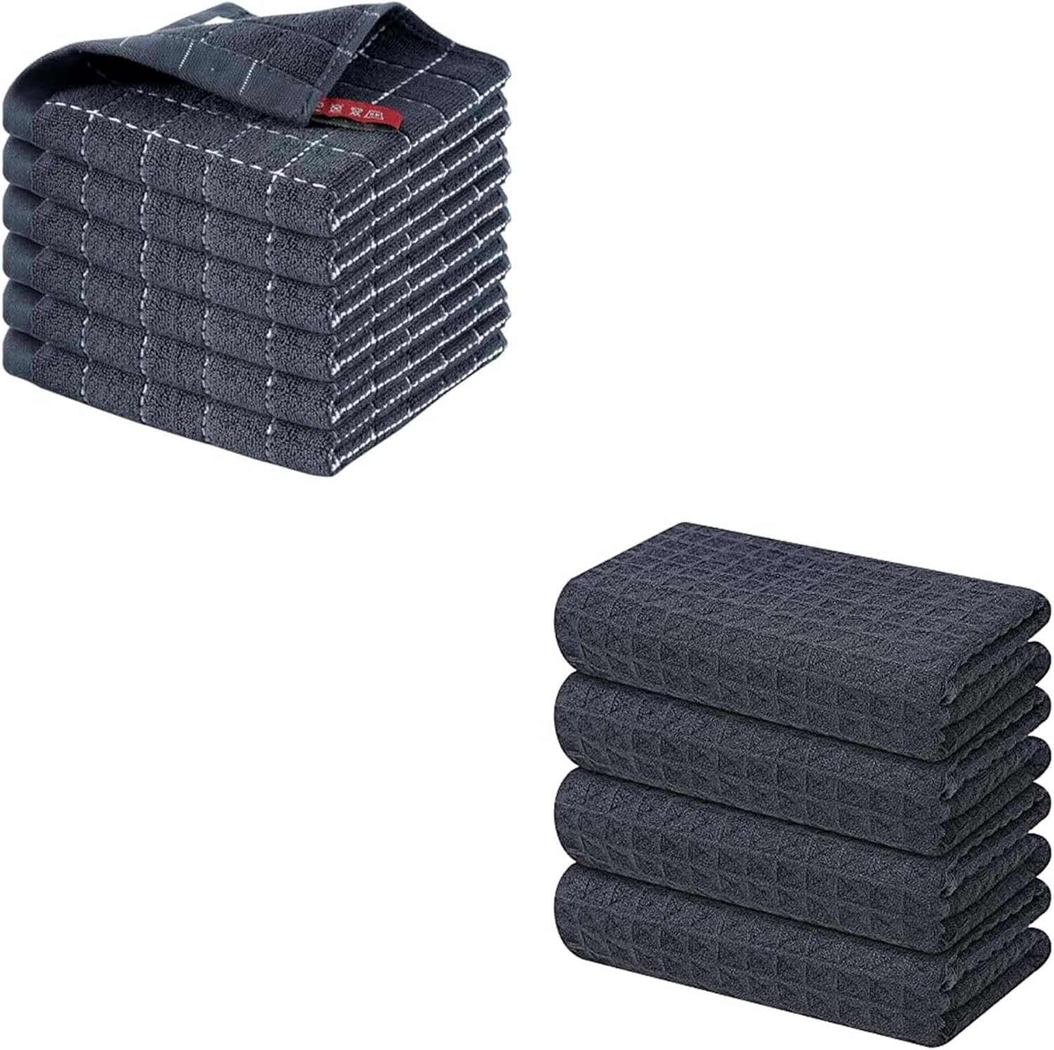 Homaxy Kitchen Towels and Dishcloths Set, 12 x 12 Inches and 16 x 28 Inches, Set of 10 Bulk Cotton Kitchen Towels Set, Ultra Soft Absorbent Dish Towels for Washing Dishes, Dark Grey
