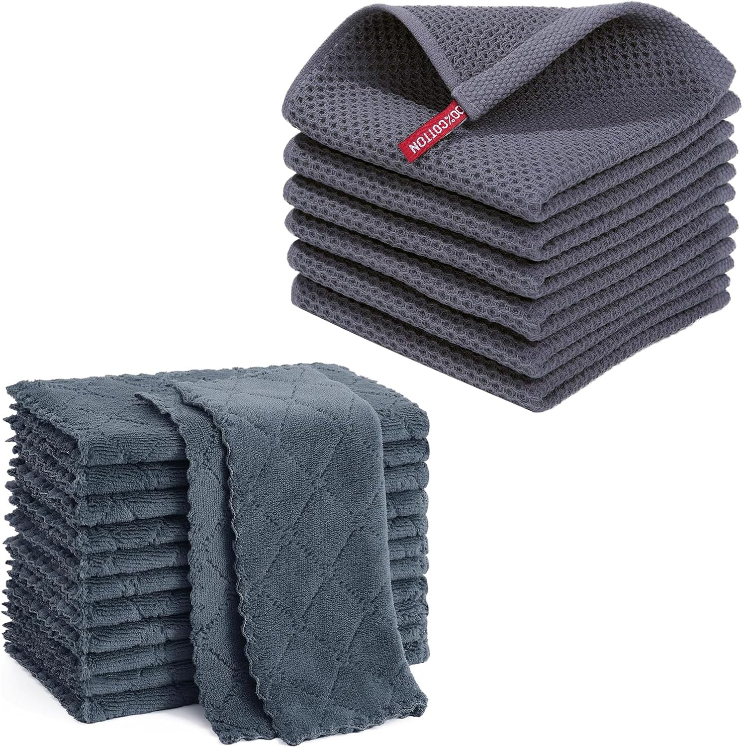 Homaxy 12 Pack Kitchen Coral Velvet Dish Cloths 10 x 10 Inches, Dark Grey and 100% Cotton Waffle Weave Kitchen Dish Cloths 12x12 Inches 6-Pack Dark Grey