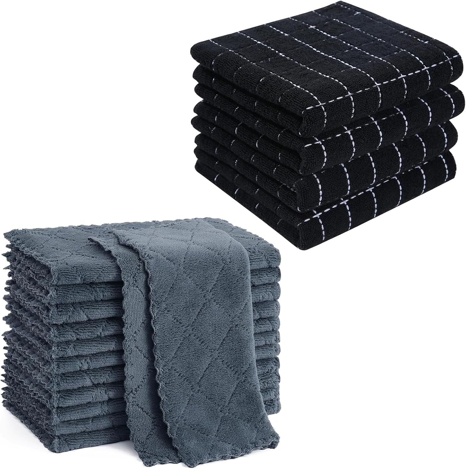 Homaxy Kitchen Towels 16 Pack, 100% Cotton Terry Checkered Black, 13 x 28 inches & 12 Pack Coral Velvet Dish Towels 10 x 10 Inches, Dark Grey