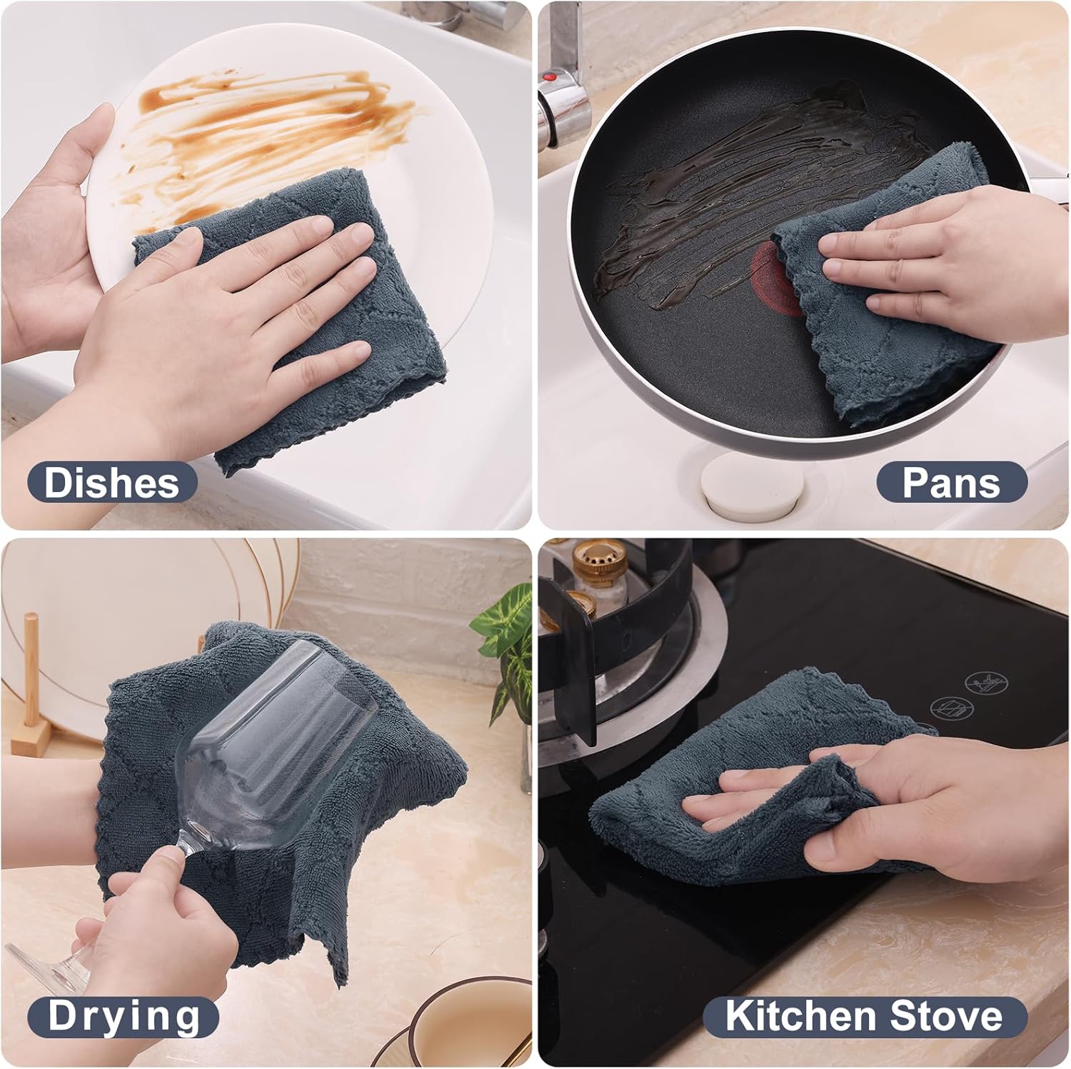 Homaxy Kitchen Towels 16 Pack, 100% Cotton Terry Checkered Black, 13 x 28 inches & 12 Pack Coral Velvet Dish Towels 10 x 10 Inches, Dark Grey