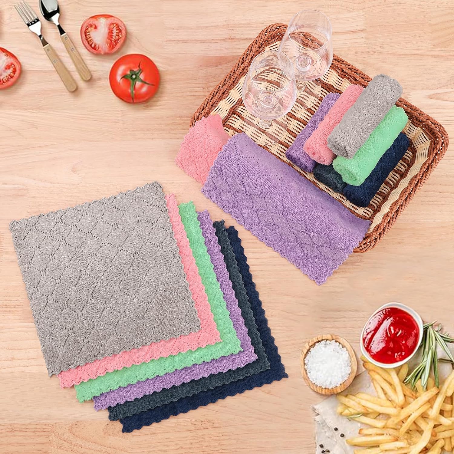 Homaxy Kitchen Towels 16 Pack, 100% Cotton Terry Checkered Black, 13 x 28 inches & 12 Pack Coral Velvet Dish Towels 10 x 10 Inches, Dark Grey