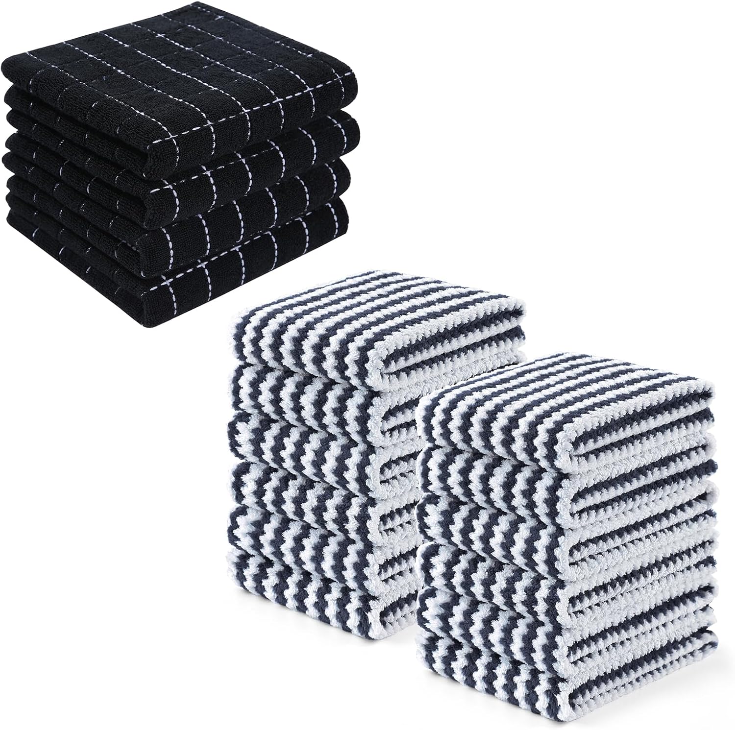 Homaxy 100% Cotton Terry Kitchen Towels Black, 13 x 28 inches,4 Pack and Wavy Coral Velvet Kitchen Dish Cloths Dark Grey, 10 x 20 inches, 12 Pack ,Soft and Super Absorbent Dish Towels