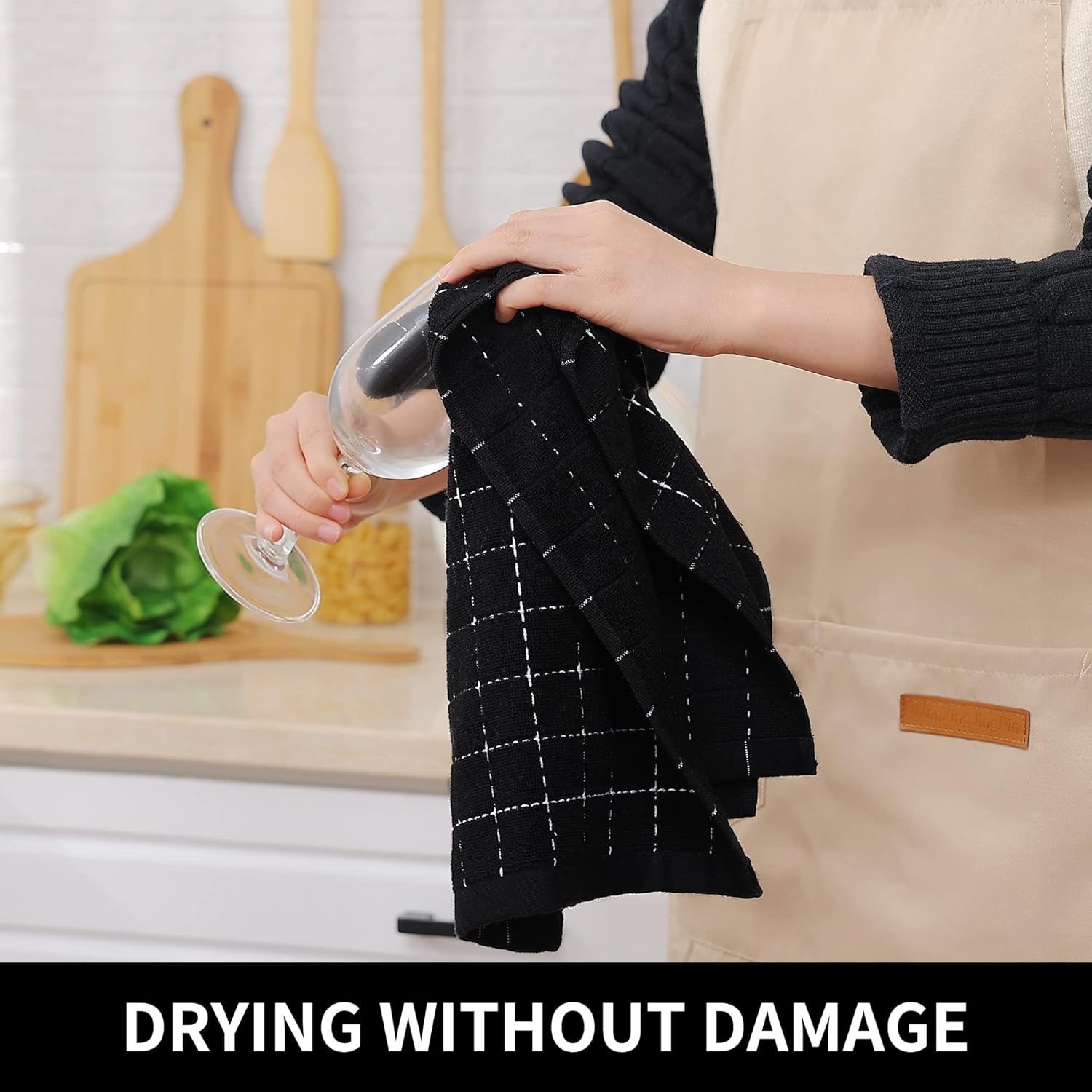 Homaxy 100% Cotton Terry Kitchen Towels Black, 13 x 28 inches,4 Pack and Wavy Coral Velvet Kitchen Dish Cloths Dark Grey, 10 x 20 inches, 12 Pack ,Soft and Super Absorbent Dish Towels