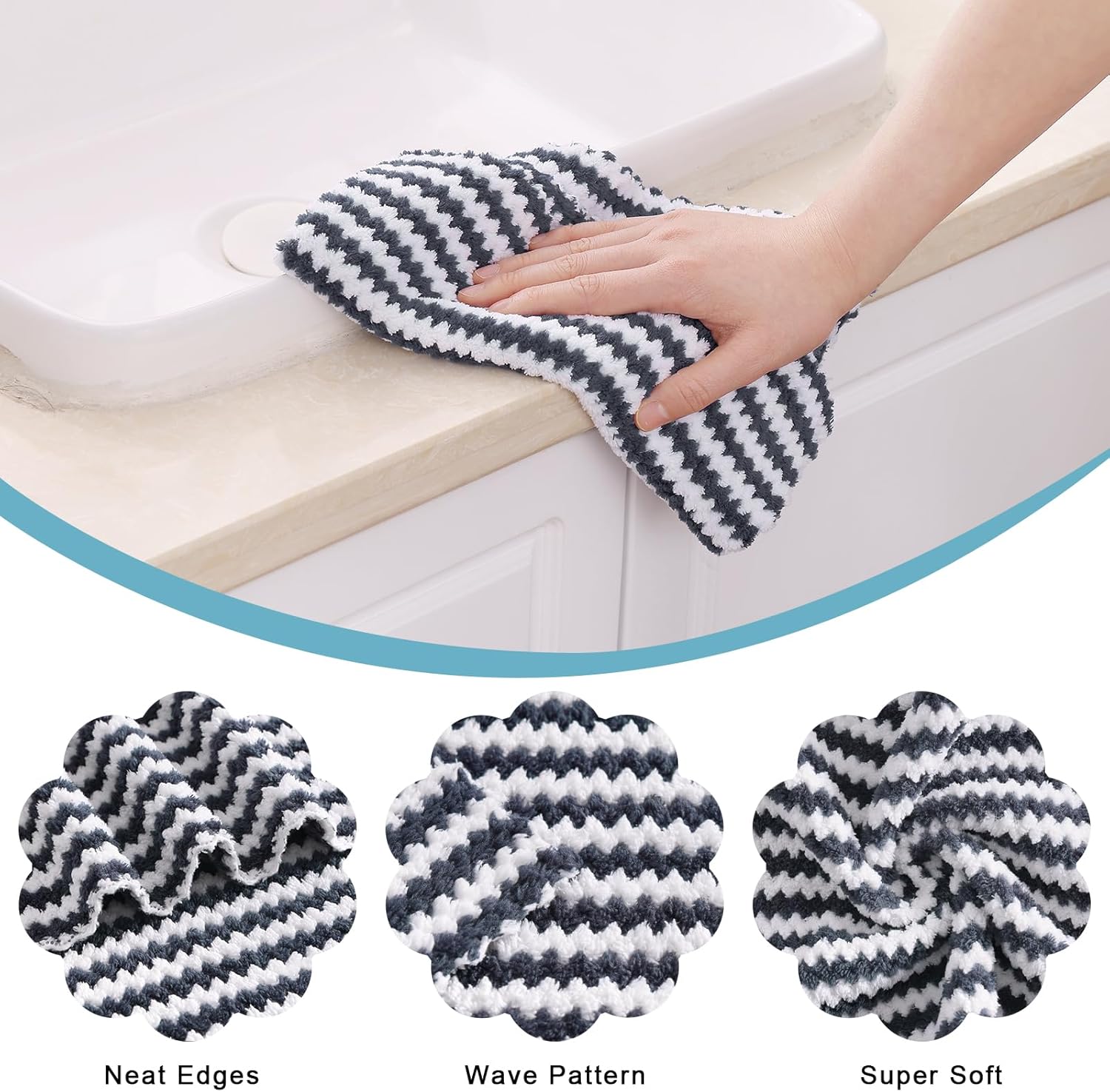 Homaxy 100% Cotton Terry Kitchen Towels Black, 13 x 28 inches,4 Pack and Wavy Coral Velvet Kitchen Dish Cloths Dark Grey, 10 x 20 inches, 12 Pack ,Soft and Super Absorbent Dish Towels
