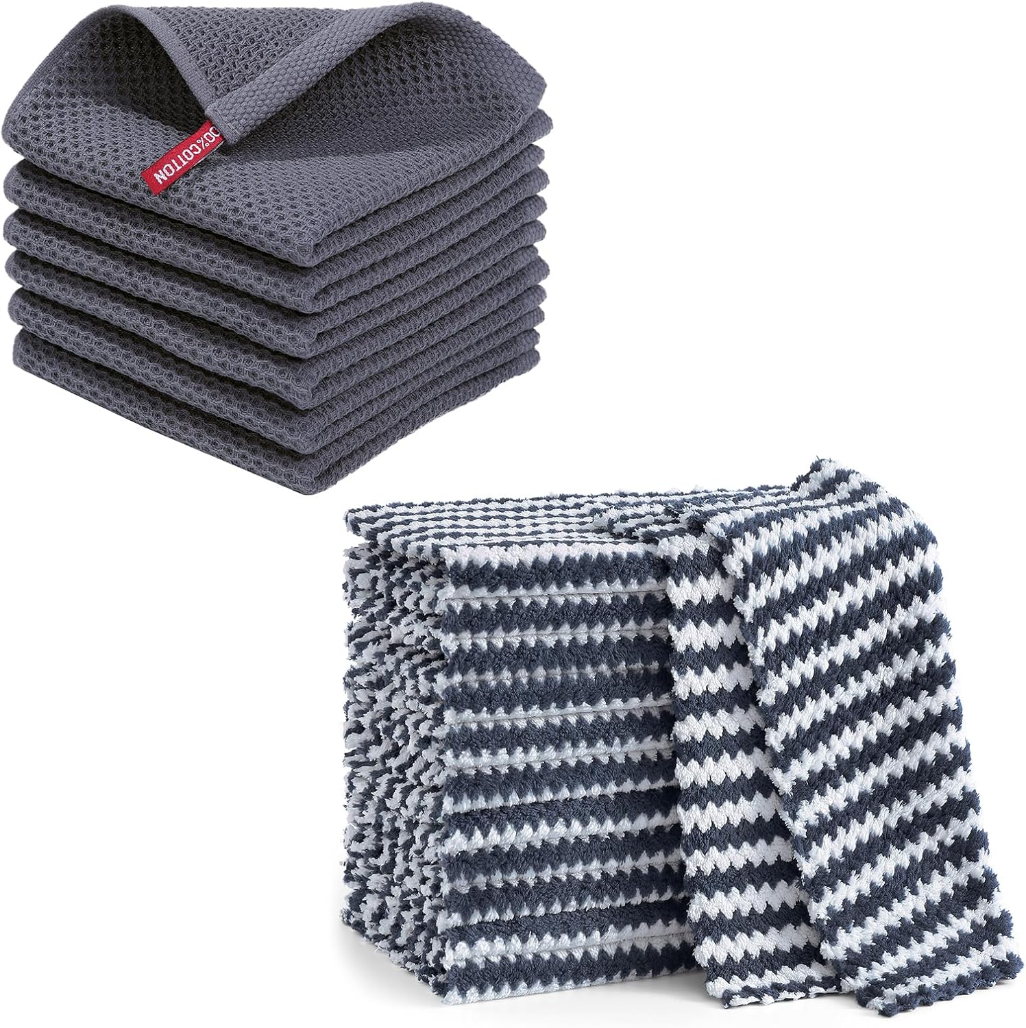 Homaxy 100% Cotton Kitchen Dish Cloths 12x12 Inches, 6 Pack and Coral Velvet Kitchen Dish Cloths 10 x 10 inch,12 Pack , Reusable Fast Drying Microfiber Cleaning Cloth, Dark Grey