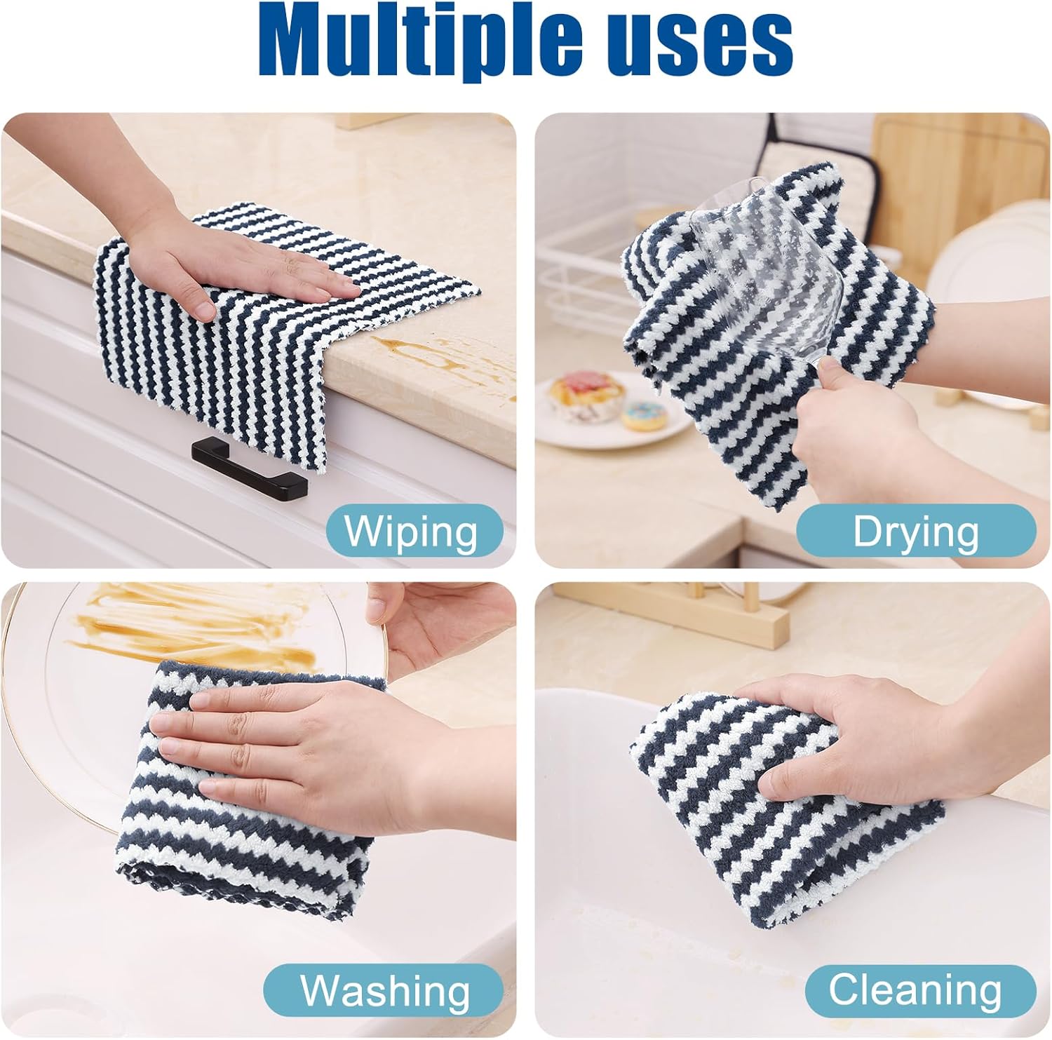 Homaxy 100% Cotton Terry Kitchen Towels Black, 13 x 28 inches,4 Pack and Wavy Coral Velvet Kitchen Dish Cloths Dark Grey, 10 x 10 inches, 12 Pack ,Soft and Super Absorbent Dish Towels