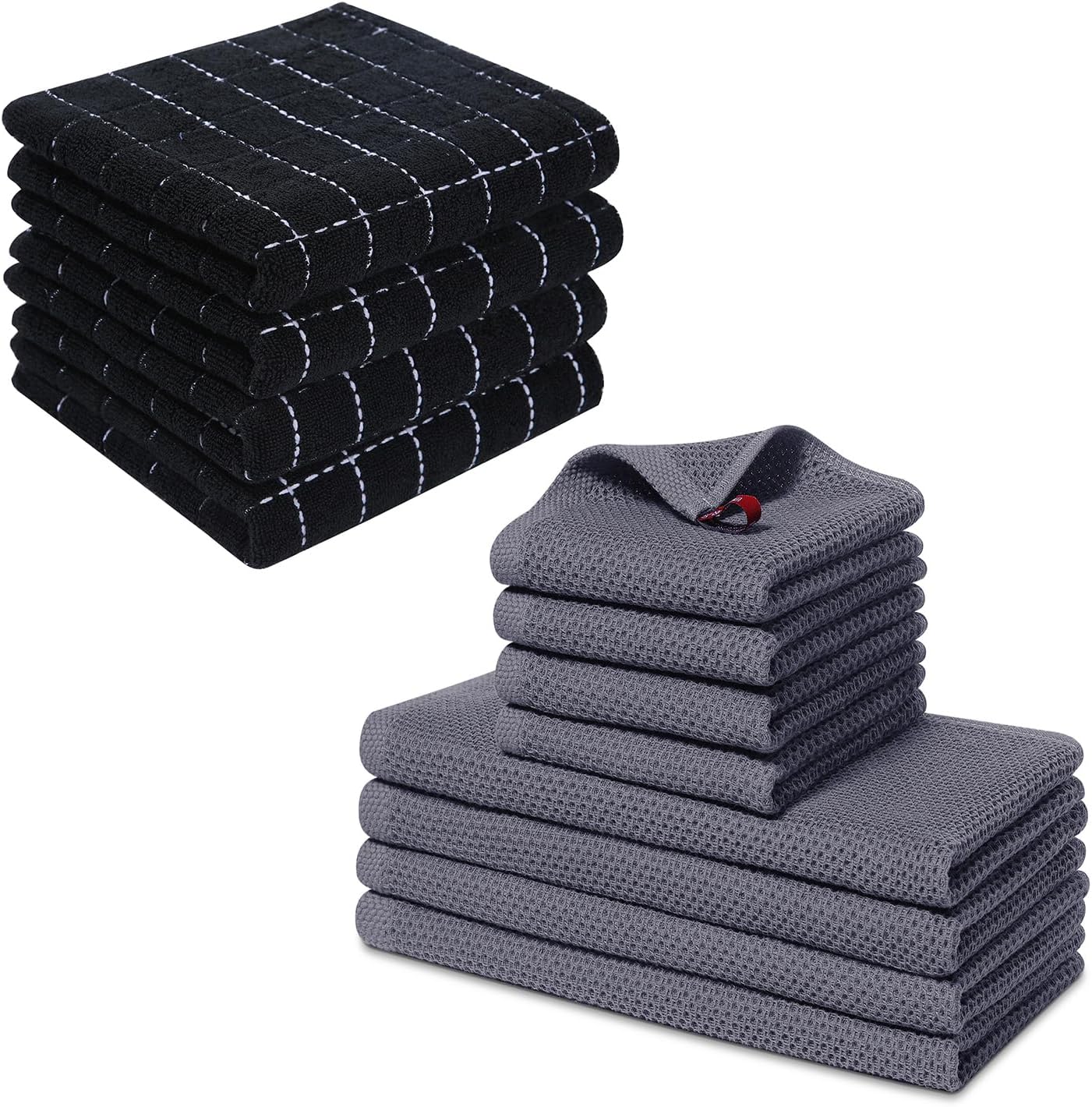 Homaxy 100% Cotton Kitchen Towels and Dishcloths Set Dark Grey, 8-Pack and Terry Kitchen Towels Black, 13 x 28 inches, 4 Pack , Checkered Designed, Ultra Soft Absorbent Dish Towels