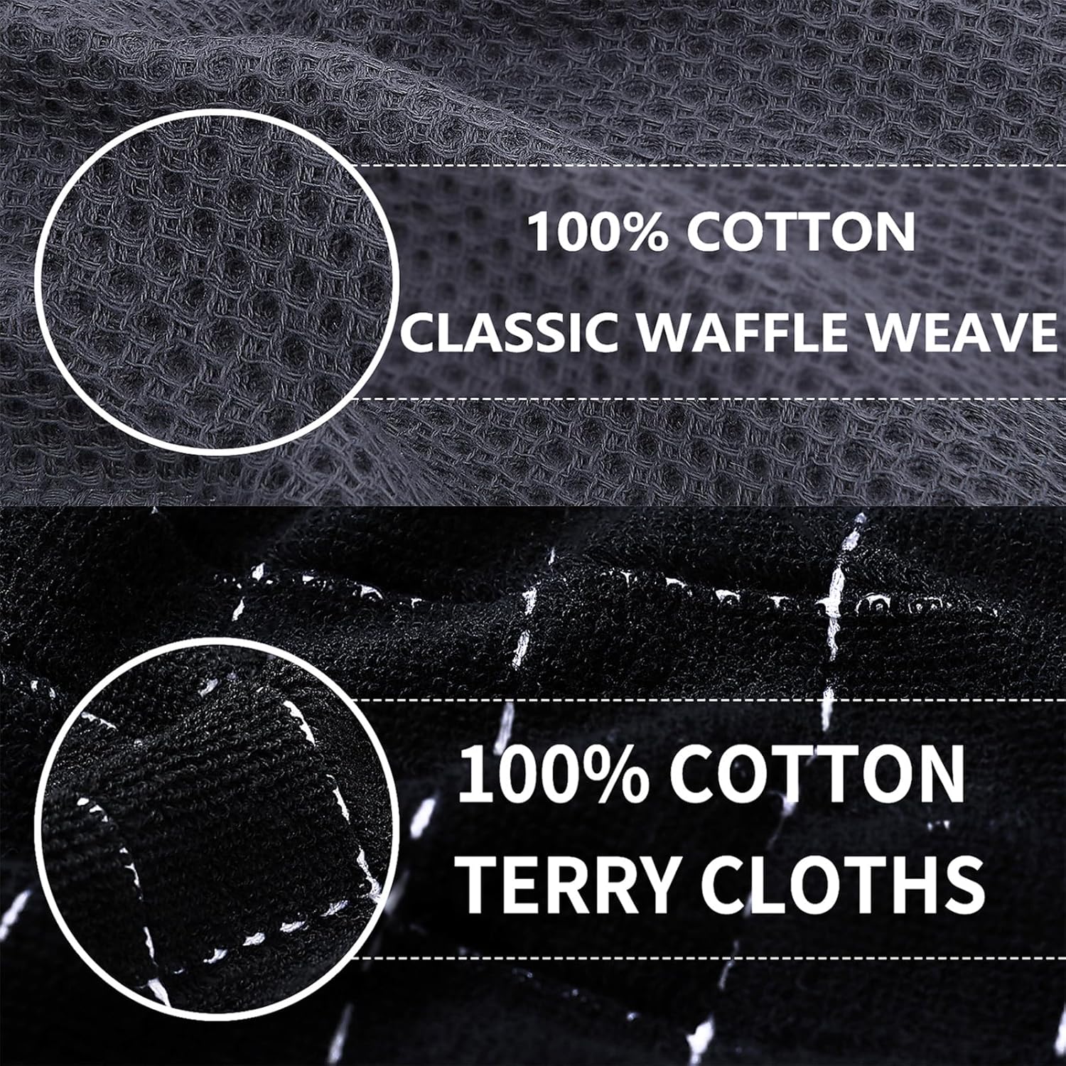 Homaxy 100% Cotton Kitchen Towels and Dishcloths Set Dark Grey, 8-Pack and Terry Kitchen Towels Black, 13 x 28 inches, 4 Pack , Checkered Designed, Ultra Soft Absorbent Dish Towels