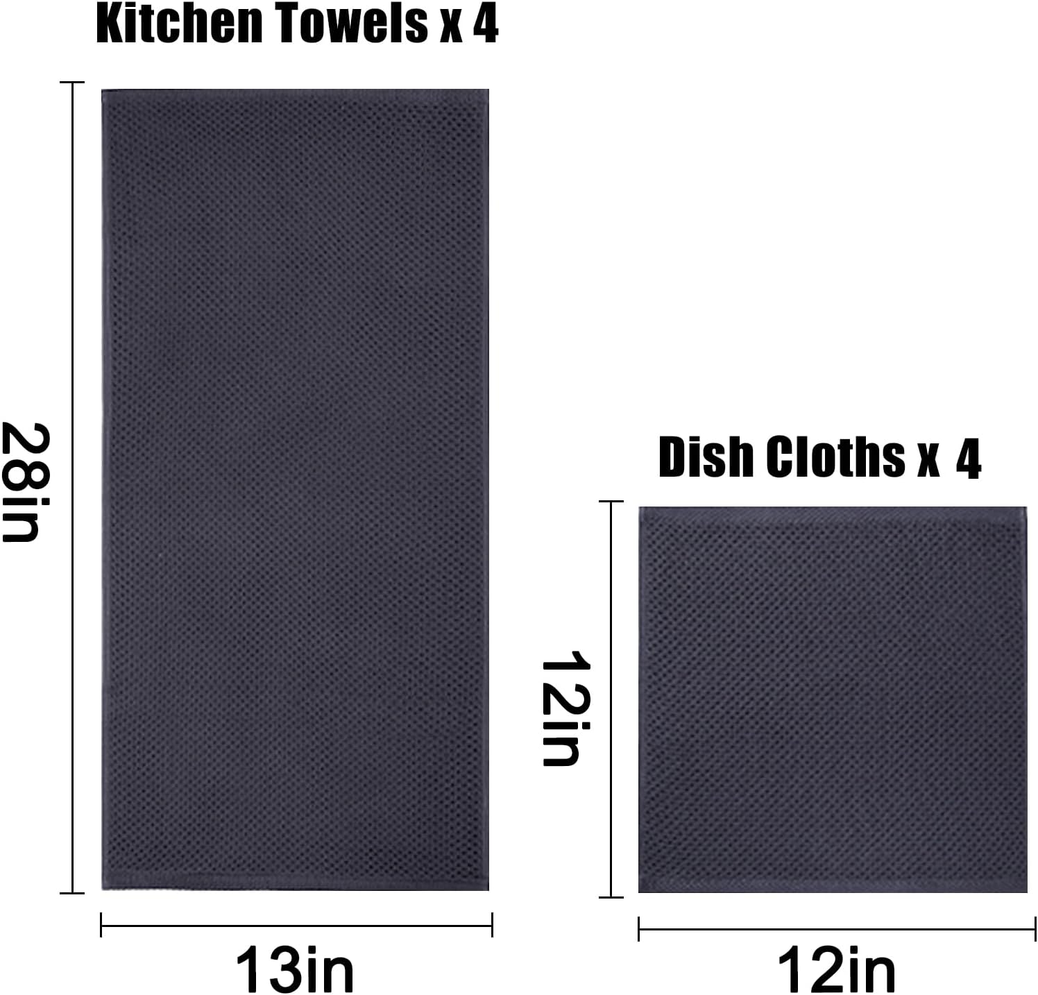 Homaxy 100% Cotton Kitchen Towels and Dishcloths Set Dark Grey, 8-Pack and Terry Kitchen Towels Black, 13 x 28 inches, 4 Pack , Checkered Designed, Ultra Soft Absorbent Dish Towels