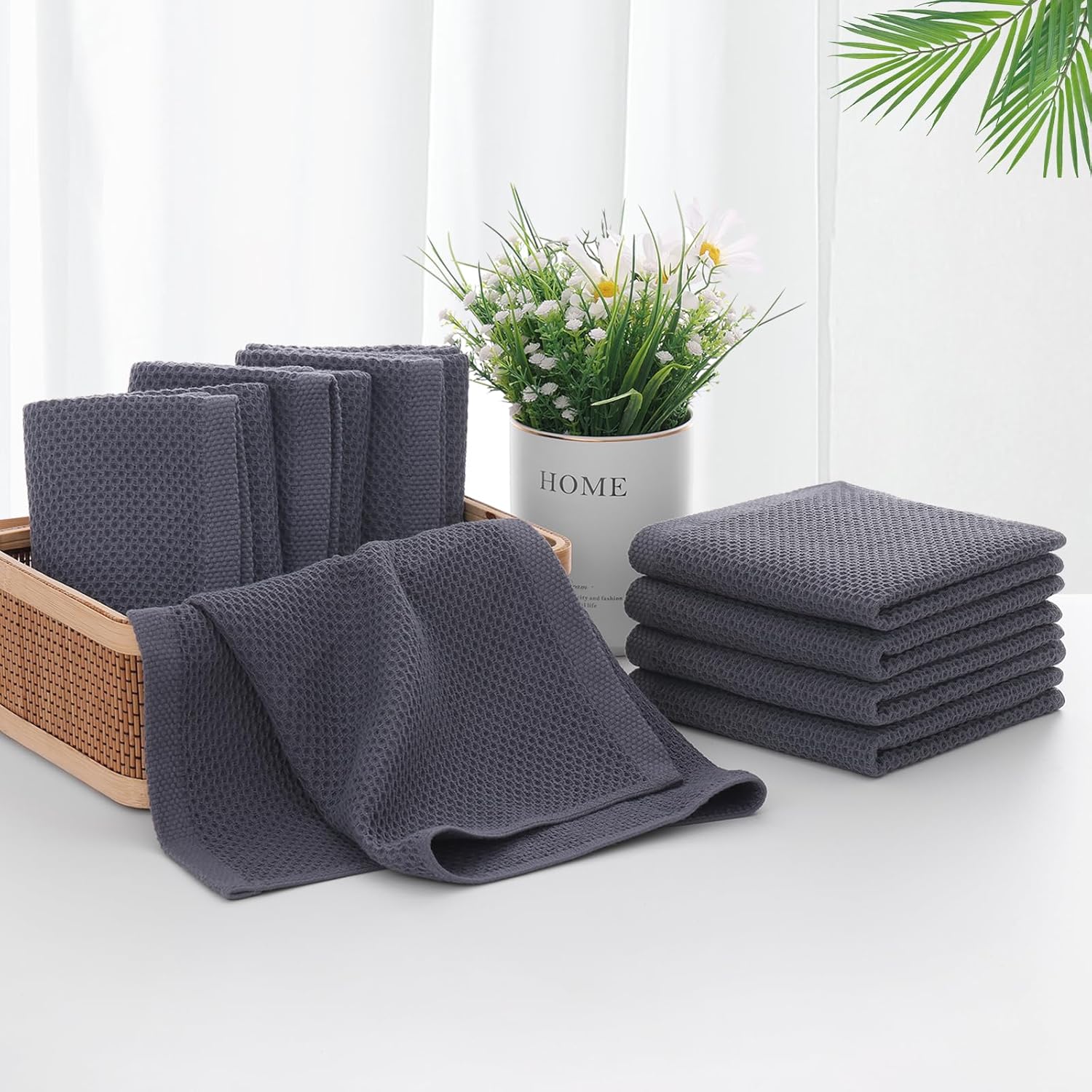 Homaxy 100% Cotton Kitchen Towels and Dishcloths Set Dark Grey, 8-Pack and Terry Kitchen Towels Black, 13 x 28 inches, 4 Pack , Checkered Designed, Ultra Soft Absorbent Dish Towels