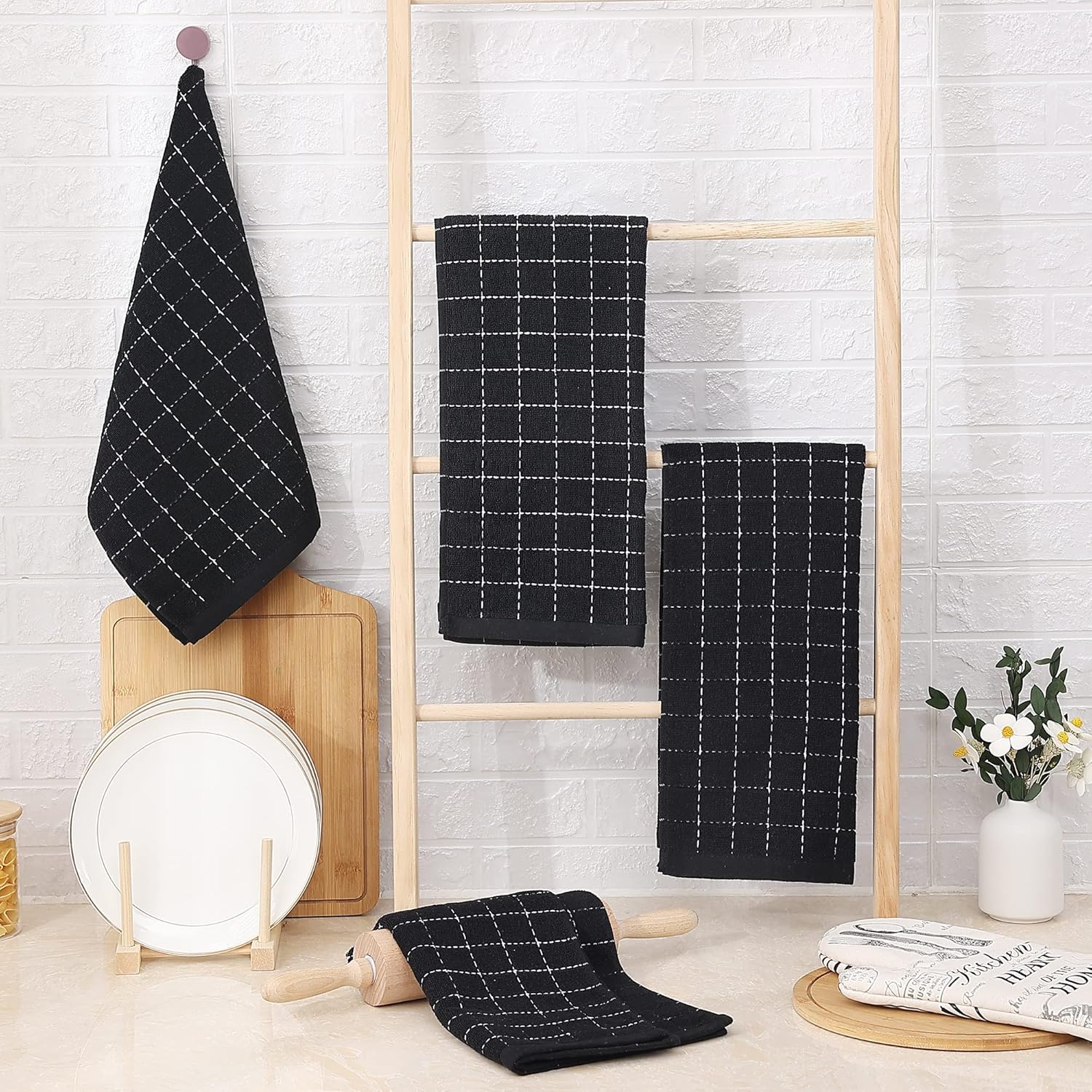 Homaxy 100% Cotton Terry Kitchen Towels and Check Kitchen Towels, 13 x 28 Inches, Set of 8 Super Soft and Absorbent Dish Towels, Black and White & Black