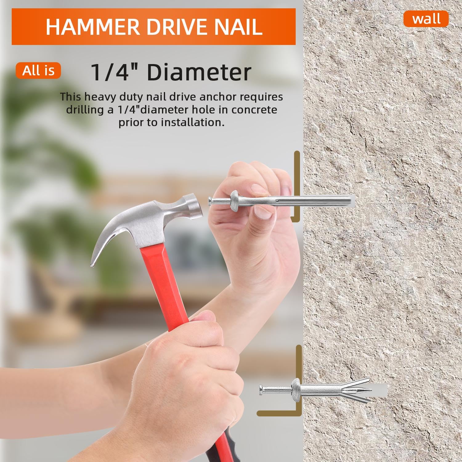 1/4 x 2 Hammer Drive Nail in Anchors, Cement Hammering Anchors, Zinc Alloy, 50 PCS