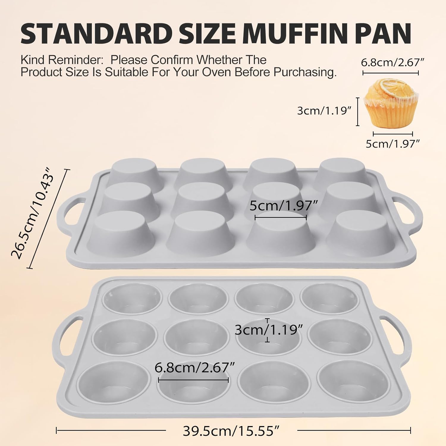 3Pcs Silicone Muffin Pan 6, 12 and 24 Cup with Metal Frame, Non Stick Jumbo Cupcake Pan with Handles, BPA Free Silicon Mini Muffin Tin Regular Tray For Baking,Egg Bites,Mold Light Grey