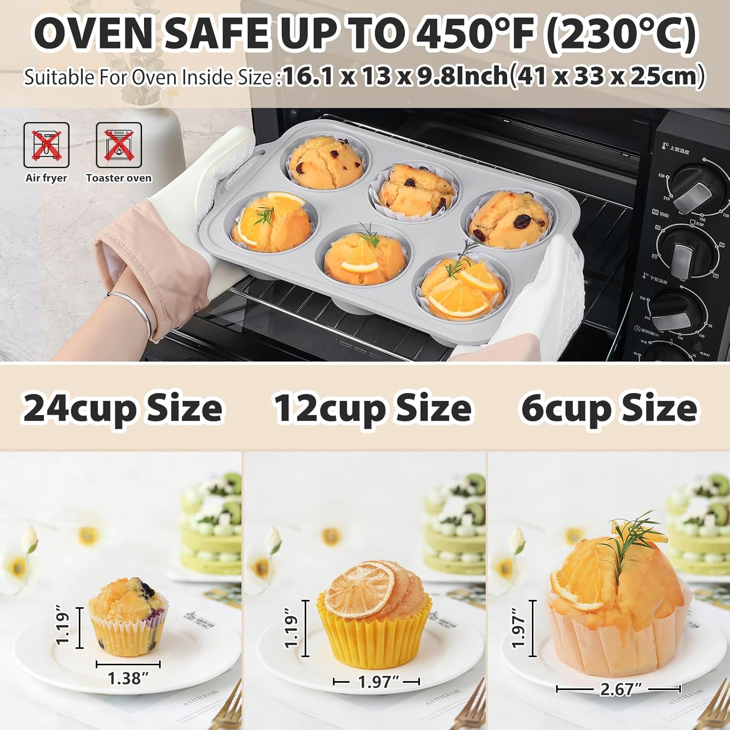 3Pcs Silicone Muffin Pan 6, 12 and 24 Cup with Metal Frame, Non Stick Jumbo Cupcake Pan with Handles, BPA Free Silicon Mini Muffin Tin Regular Tray For Baking,Egg Bites,Mold Light Grey