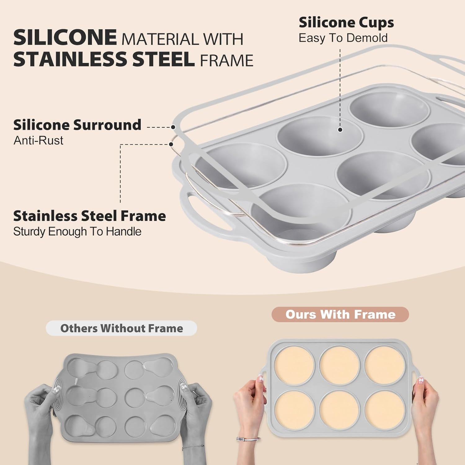 3Pcs Silicone Muffin Pan 6, 12 and 24 Cup with Metal Frame, Non Stick Jumbo Cupcake Pan with Handles, BPA Free Silicon Mini Muffin Tin Regular Tray For Baking,Egg Bites,Mold Light Grey