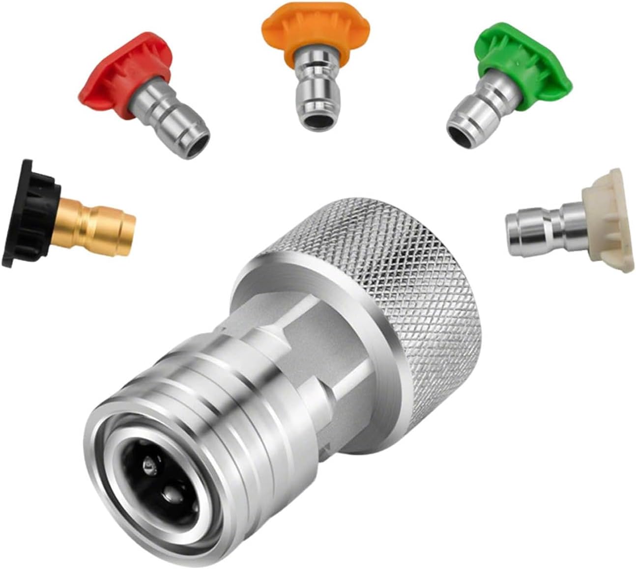 Garden Hose to Mini Power Washer Adapter-3/4 GHT to 1/4", Whit 5 Nozzle Set, Convert Water Hose to Power Washer Connector 1pcs