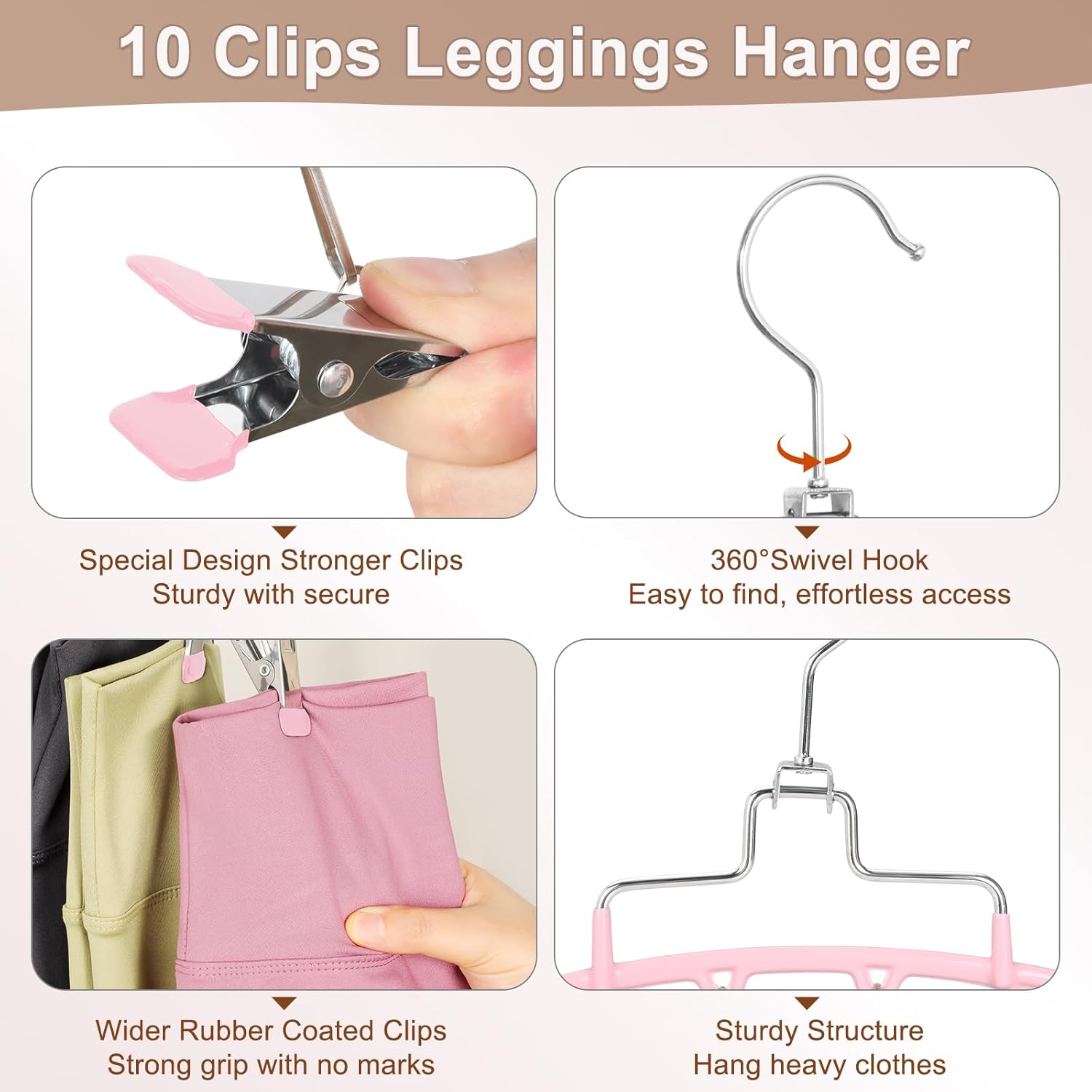 TOPIA HANGER 4 Pack Gym Clothes Organizer, 2 Pack Tank Top Hangers with 2 Pack Leggings Hangers Space Saving Hang 20 Sets Tank Top Bra with Leggings Shorts Pants for Closet Women Pink CT78P
