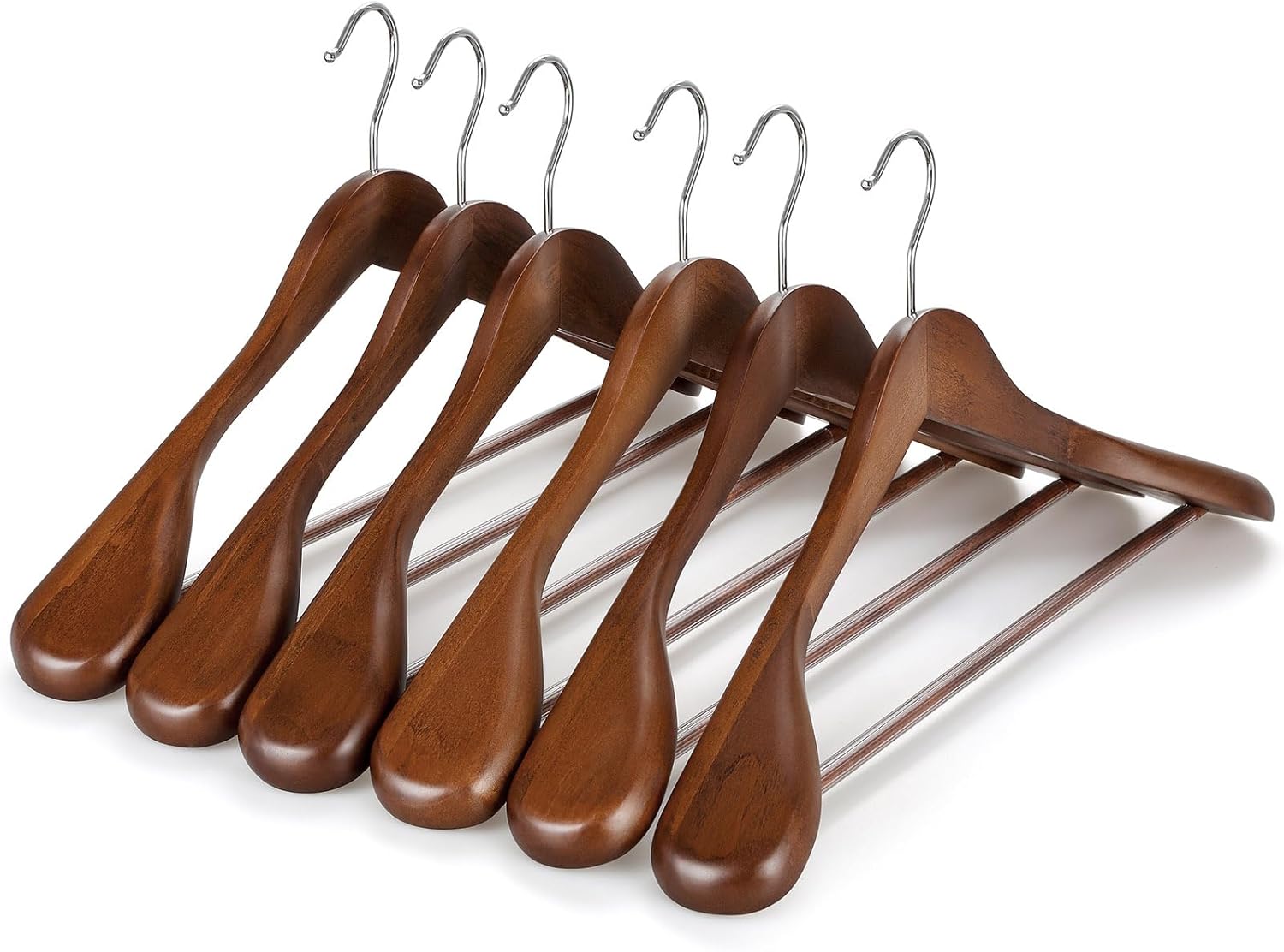 TOPIA HANGER Wide Shoulder Wooden Hangers, Suit Hangers with Non Slip Pants Bar & 360° Swivel Hook, Solid Wood Heavy Duty Coat Hanger, 6 Pack Walnut -CT02WA