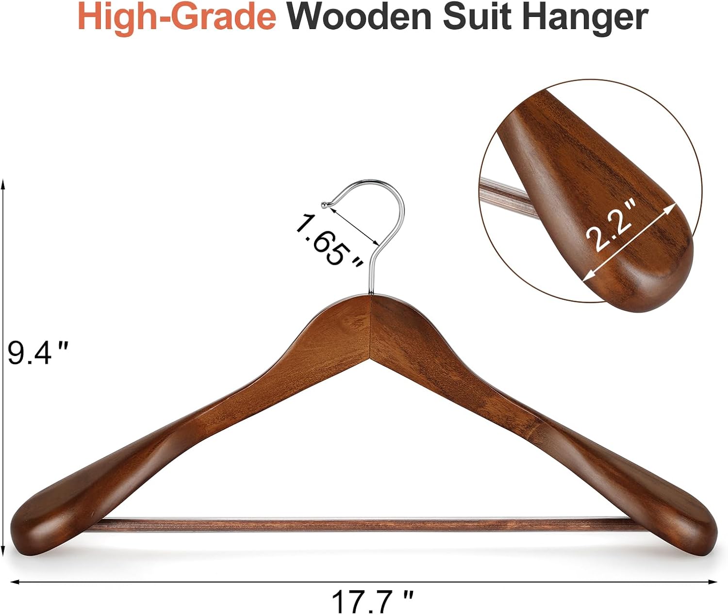 TOPIA HANGER Wide Shoulder Wooden Hangers, Suit Hangers with Non Slip Pants Bar & 360° Swivel Hook, Solid Wood Heavy Duty Coat Hanger, 6 Pack Walnut -CT02WA
