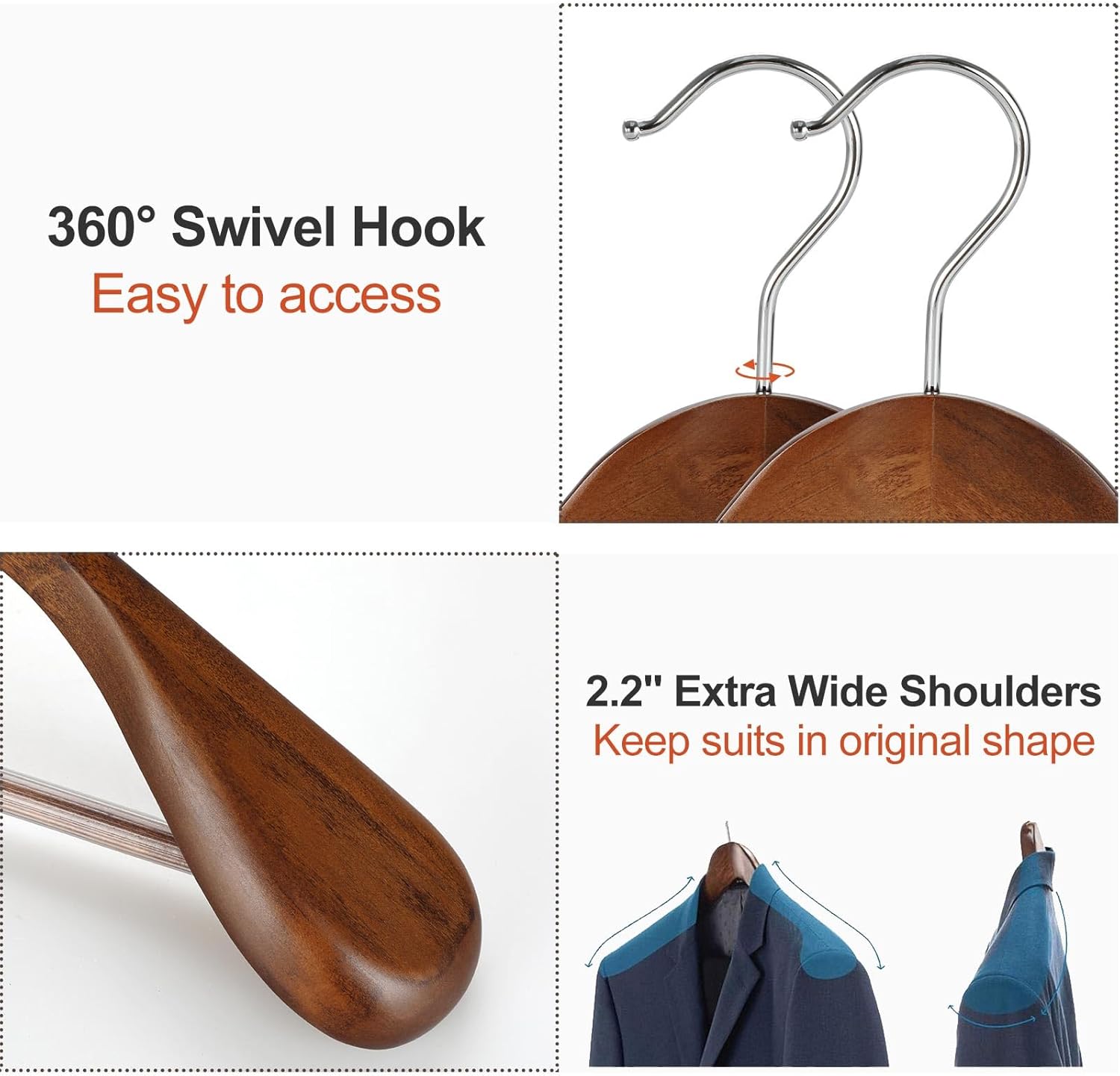 TOPIA HANGER Wide Shoulder Wooden Hangers, Suit Hangers with Non Slip Pants Bar & 360° Swivel Hook, Solid Wood Heavy Duty Coat Hanger, 6 Pack Walnut -CT02WA