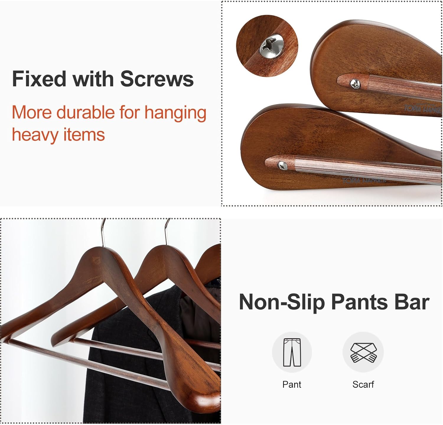 TOPIA HANGER Wide Shoulder Wooden Hangers, Suit Hangers with Non Slip Pants Bar & 360° Swivel Hook, Solid Wood Heavy Duty Coat Hanger, 6 Pack Walnut -CT02WA