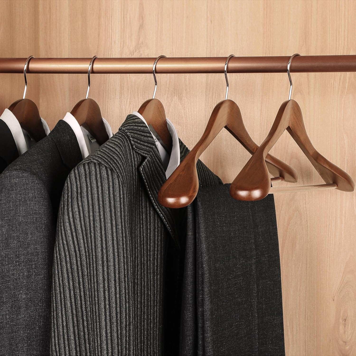 TOPIA HANGER Wide Shoulder Wooden Hangers, Suit Hangers with Non Slip Pants Bar & 360° Swivel Hook, Solid Wood Heavy Duty Coat Hanger, 6 Pack Walnut -CT02WA