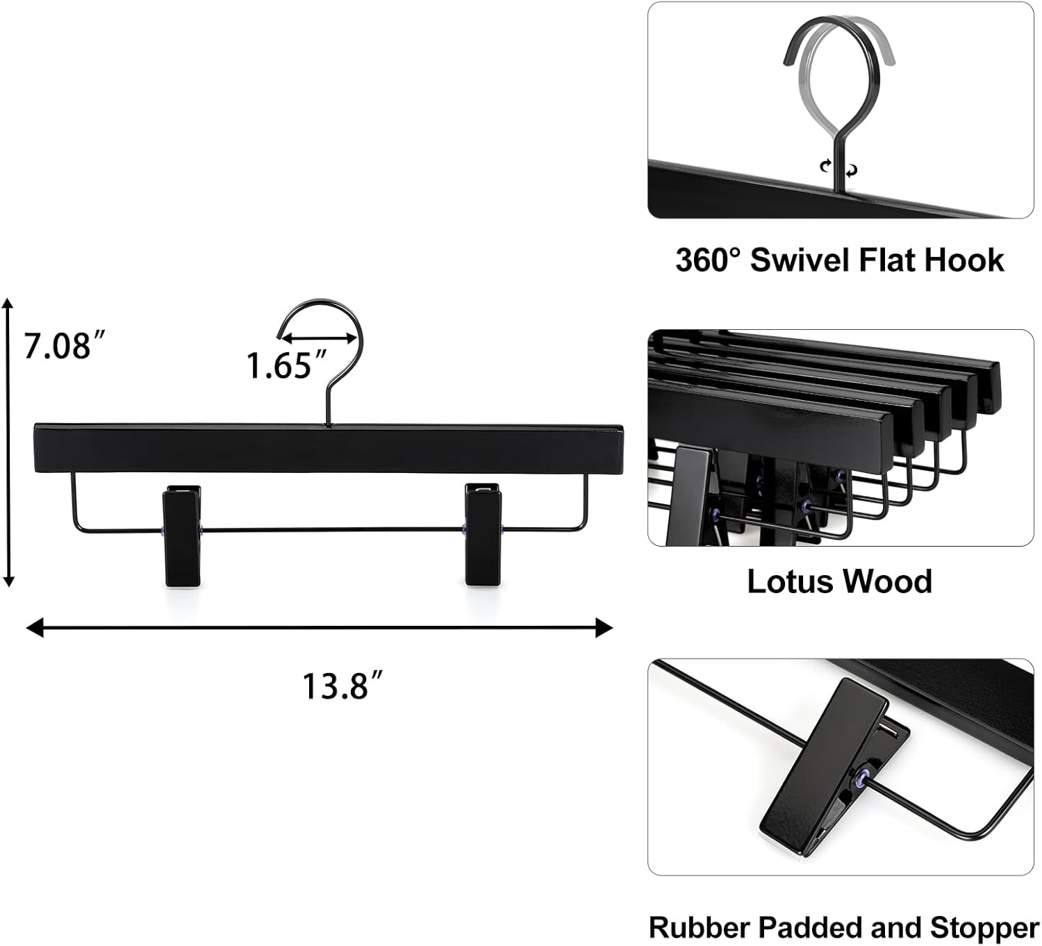 TOPIA HANGER Black Wooden Pants Hangers, Wood Skirt Hangers with Clips, Deluxe Jeans Hanger with 360° Swivel Anti-Rust Flat Hook, Smooth Finish Wood Hangers for Slacks Trousers 20 Pack, CT03B