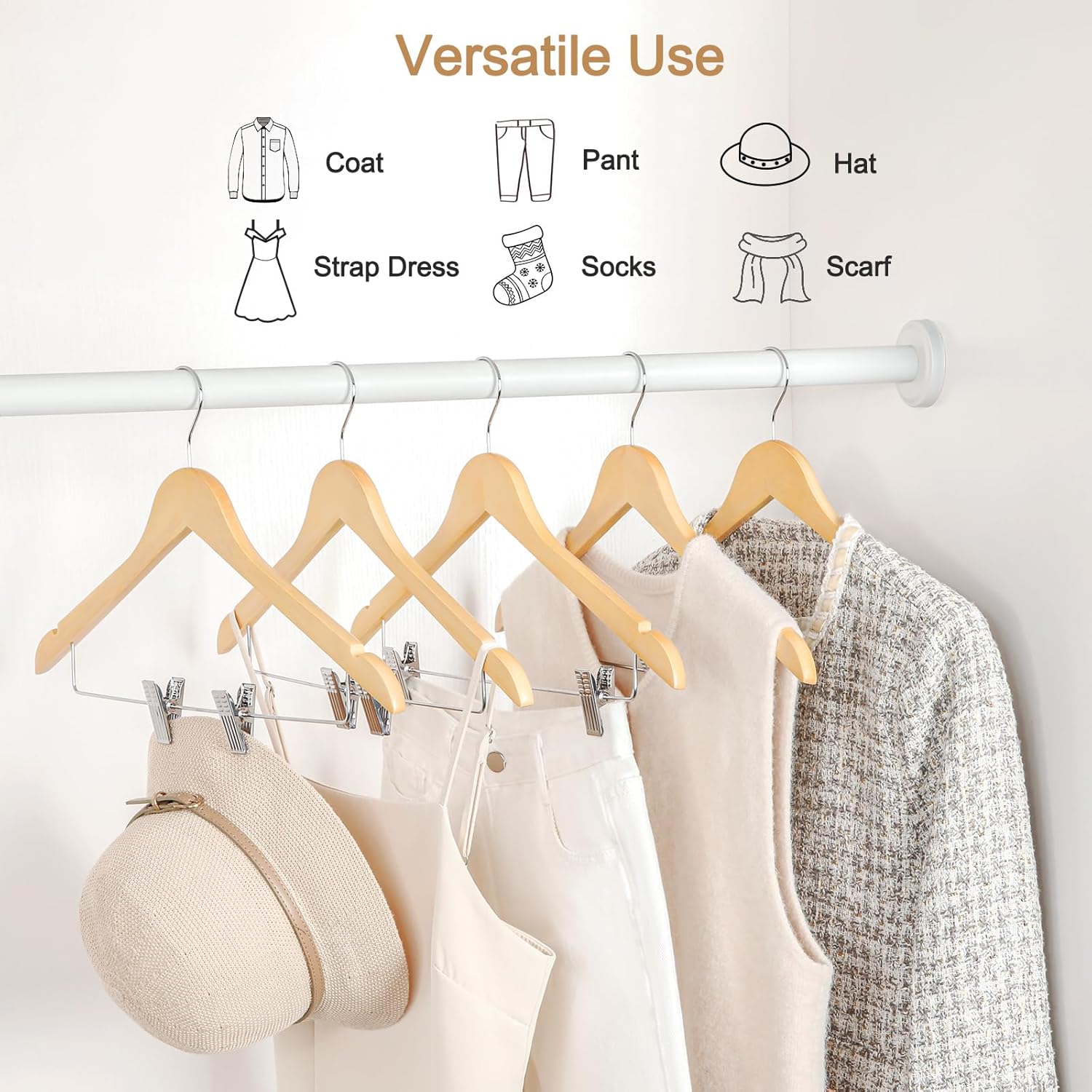 TOPIA HANGER Wooden Hangers with Adjustable Metal Clips and 360° Swivel Hook, Premium Wood Clothes Hangers 10 Pack for Suit, Pant, Skirt, Jeans, Coat, Jacket-CT28N
