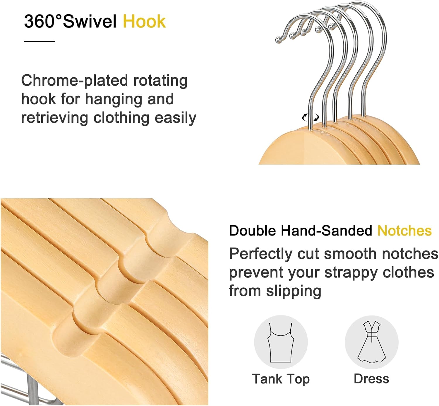 TOPIA HANGER Wooden Hangers with Adjustable Metal Clips and 360° Swivel Hook, Premium Wood Clothes Hangers 10 Pack for Suit, Pant, Skirt, Jeans, Coat, Jacket-CT28N