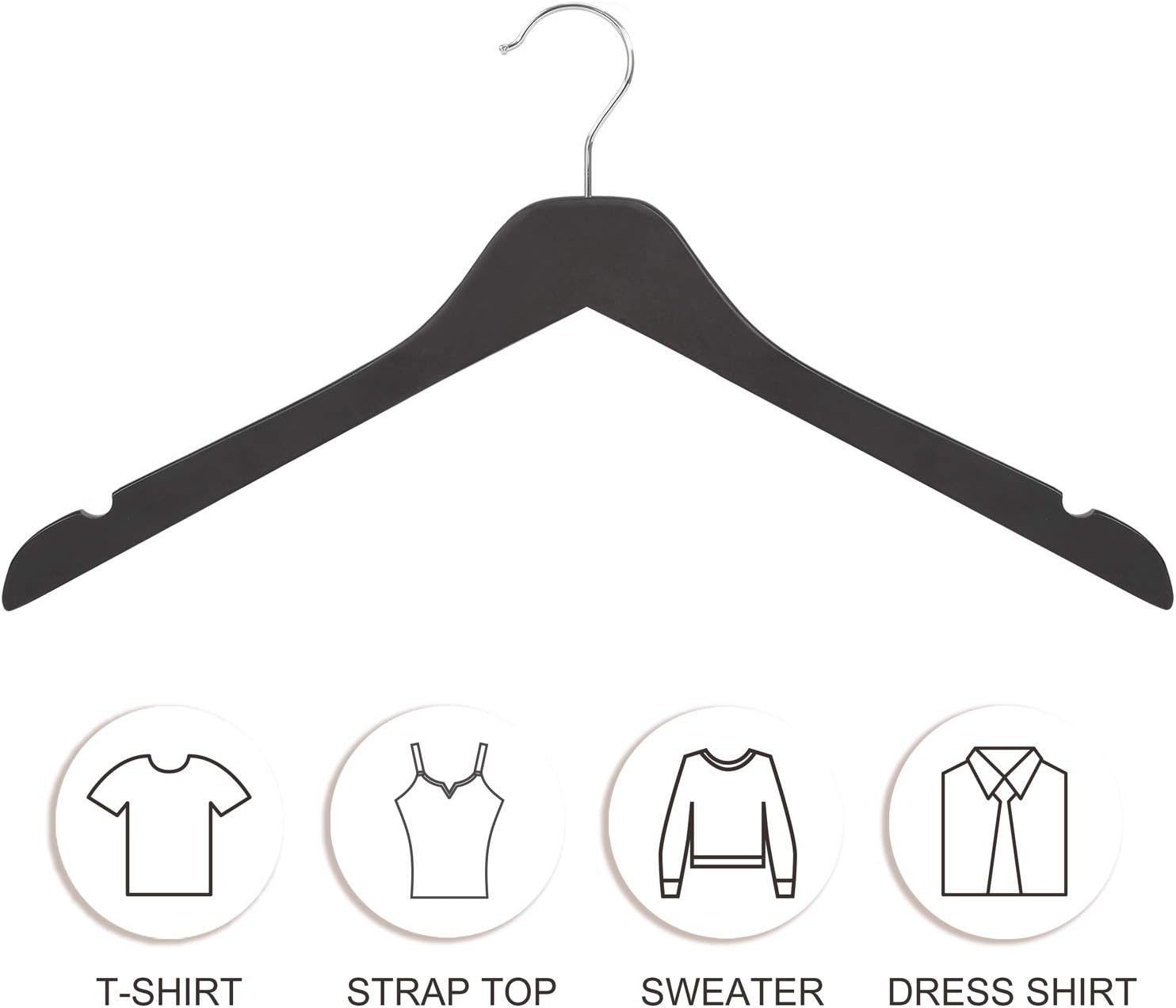 TOPIA HANGER Black Wooden Hangers 30 Pack, 0.28-inch Thick Slim Wood Clothes Hanger with Flat Design and Smooth Notches, Lightweight Space Saving Hangers for Shirt, Coat, Camisole-CT31B