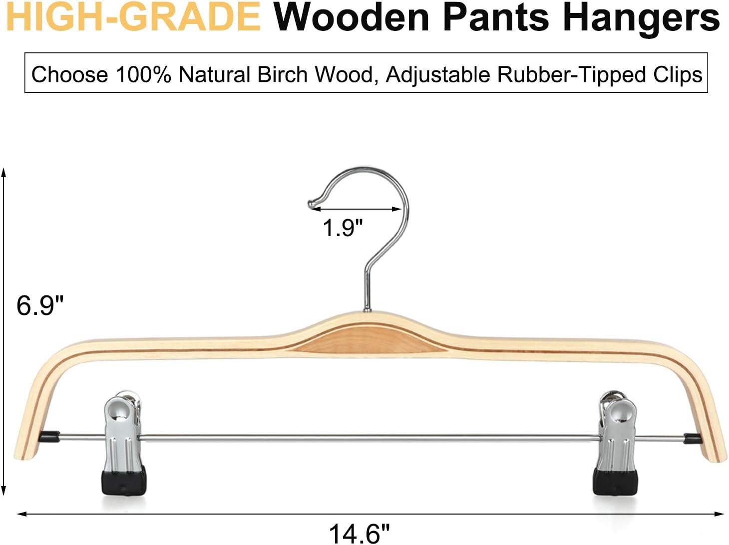 TOPIA HANGER Wooden Pants Hangers,Slim Natural Wood Skirt Hangers with Anti-Rust Hook and Adjustable Metal Clips, Perfect for Skirts, Pants, Slacks-10 Pack-CT17N