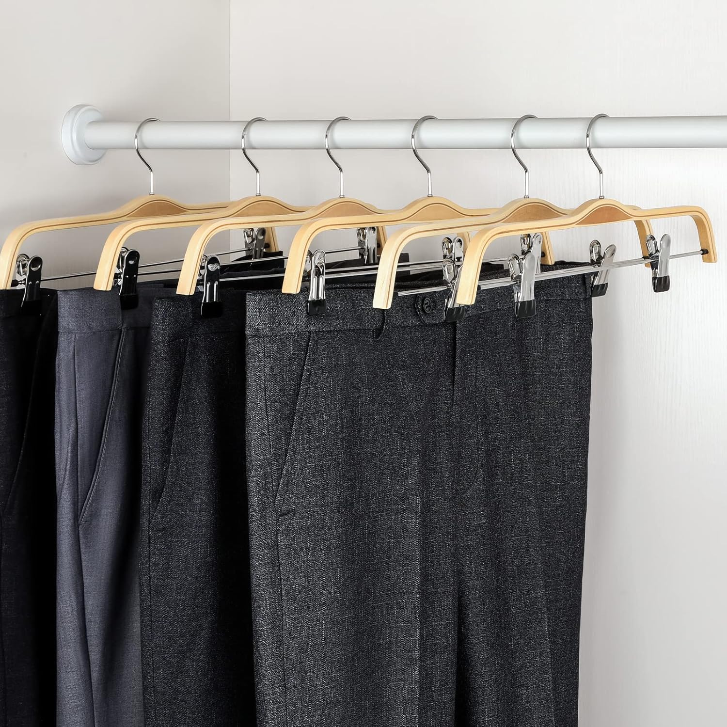 TOPIA HANGER Wooden Pants Hangers,Slim Natural Wood Skirt Hangers with Anti-Rust Hook and Adjustable Metal Clips, Perfect for Skirts, Pants, Slacks-10 Pack-CT17N